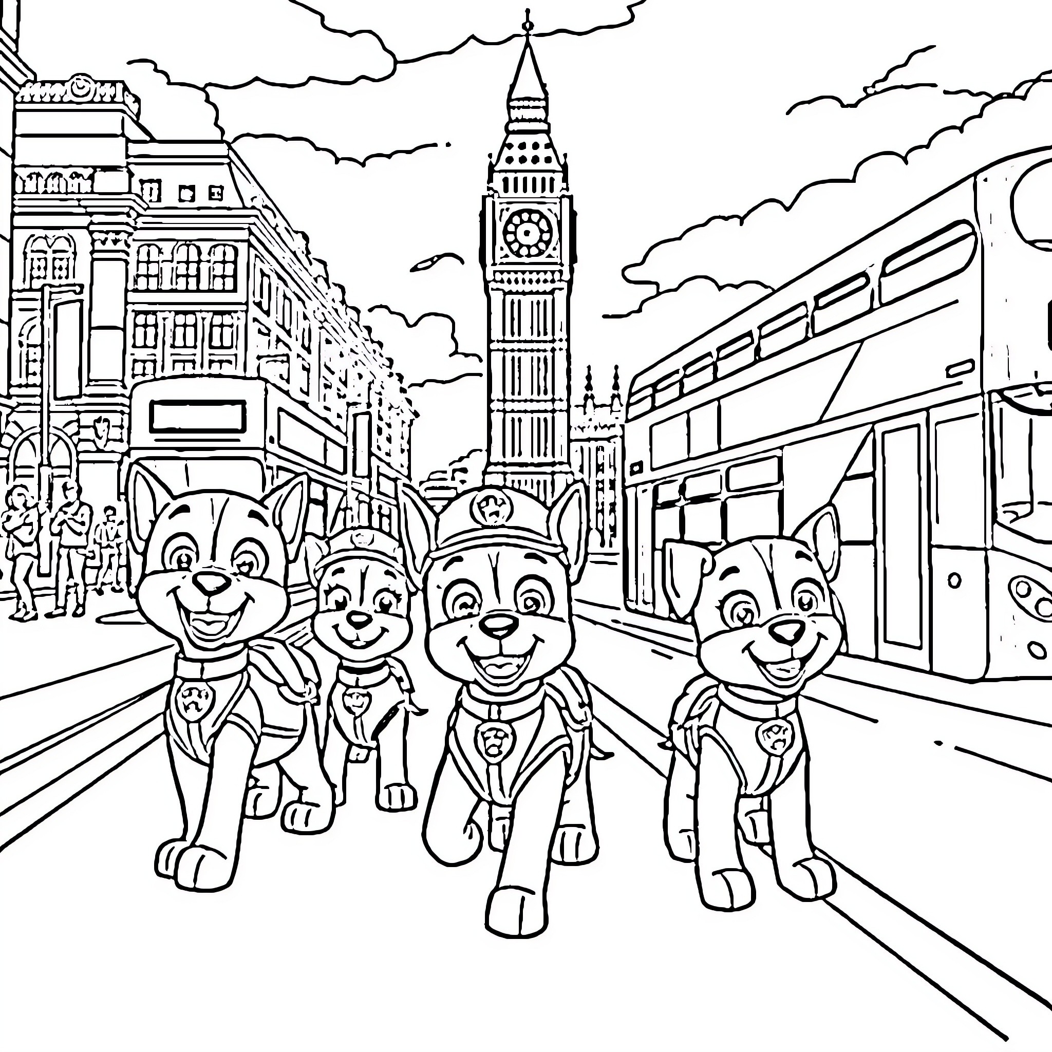 Paw Patrol characters explore the city landmarks Coloring Page (free black-and-white line drawing printable PDF for all, from beginners to advanced learners, including children, teens, adults, and seniors)