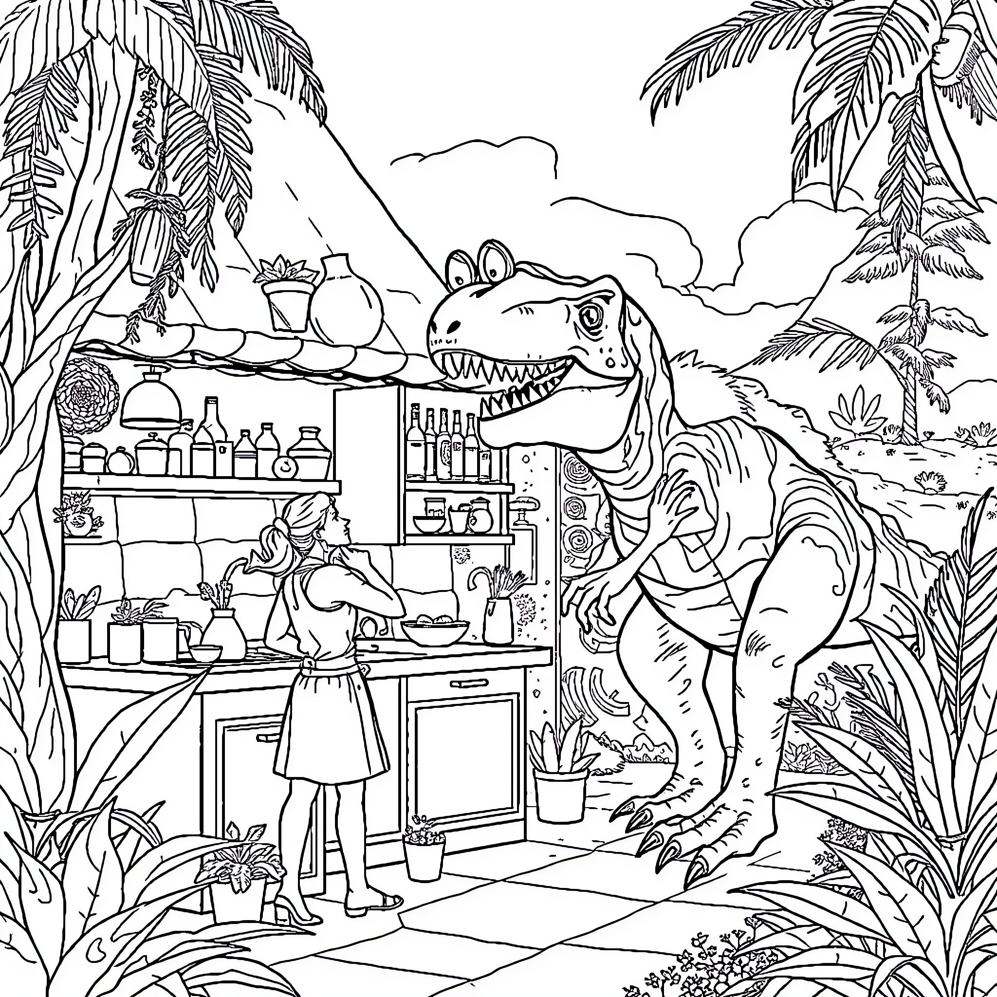 Tiranosaurio Rex running a tropical market stand Coloring Page (free black-and-white line drawing printable PDF for all, from beginners to advanced learners, including children, teens, adults, and seniors)