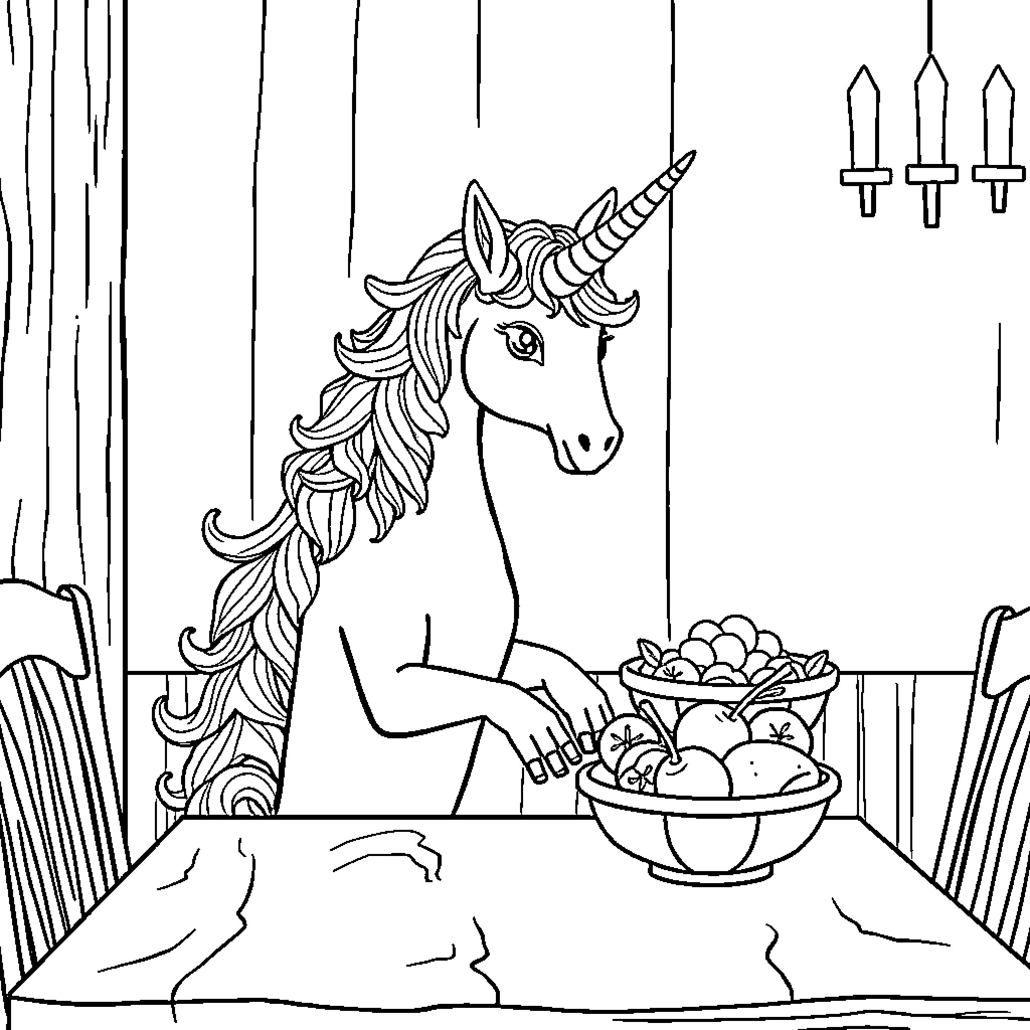 Unicorn enjoying a magical fruit feast Coloring Page (free black-and-white line drawing printable PDF for all, from beginners to advanced learners, including children, teens, adults, and seniors)