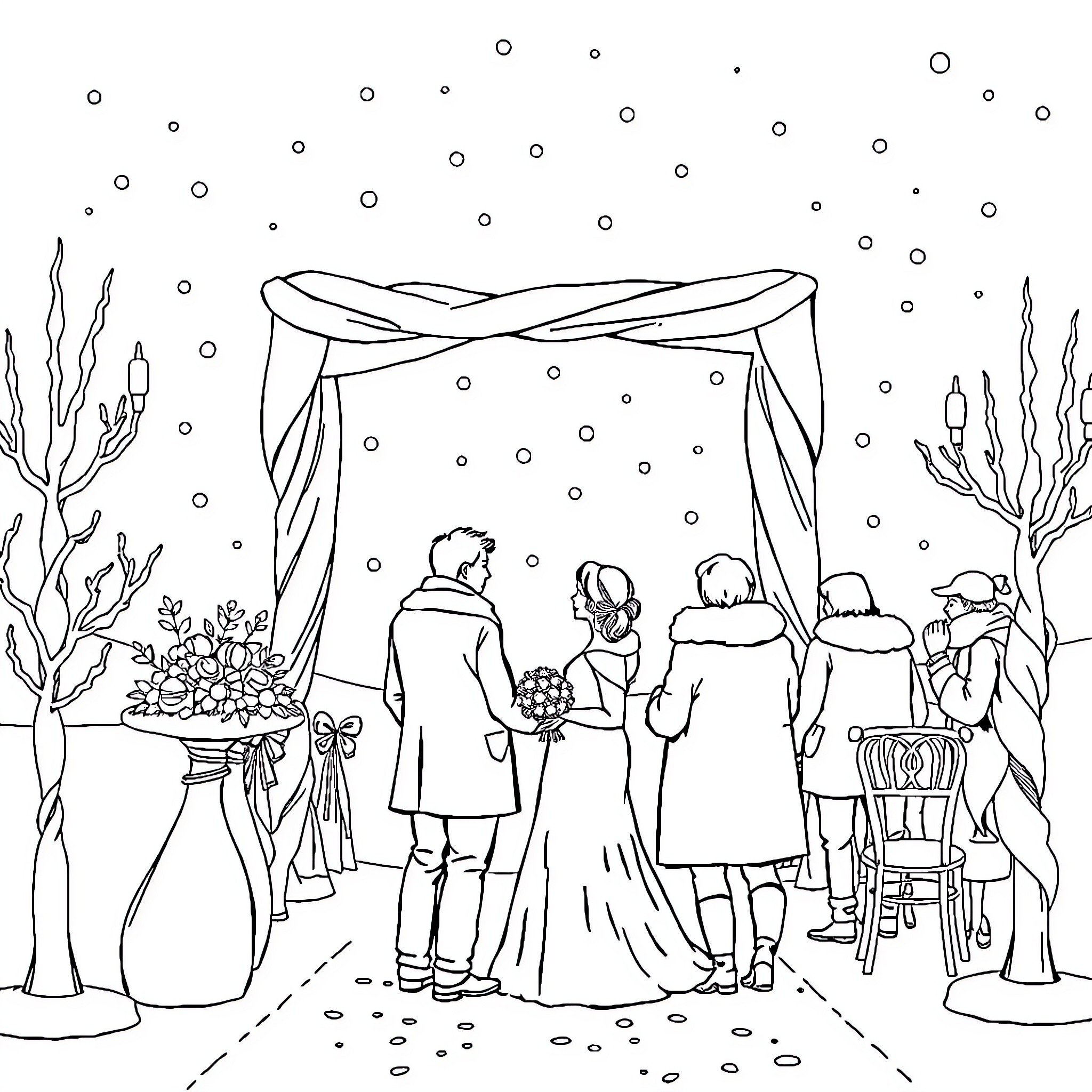 Wedding ceremony under a decorative arch Coloring Page (free black-and-white line drawing printable PDF for all, from beginners to advanced learners, including children, teens, adults, and seniors)