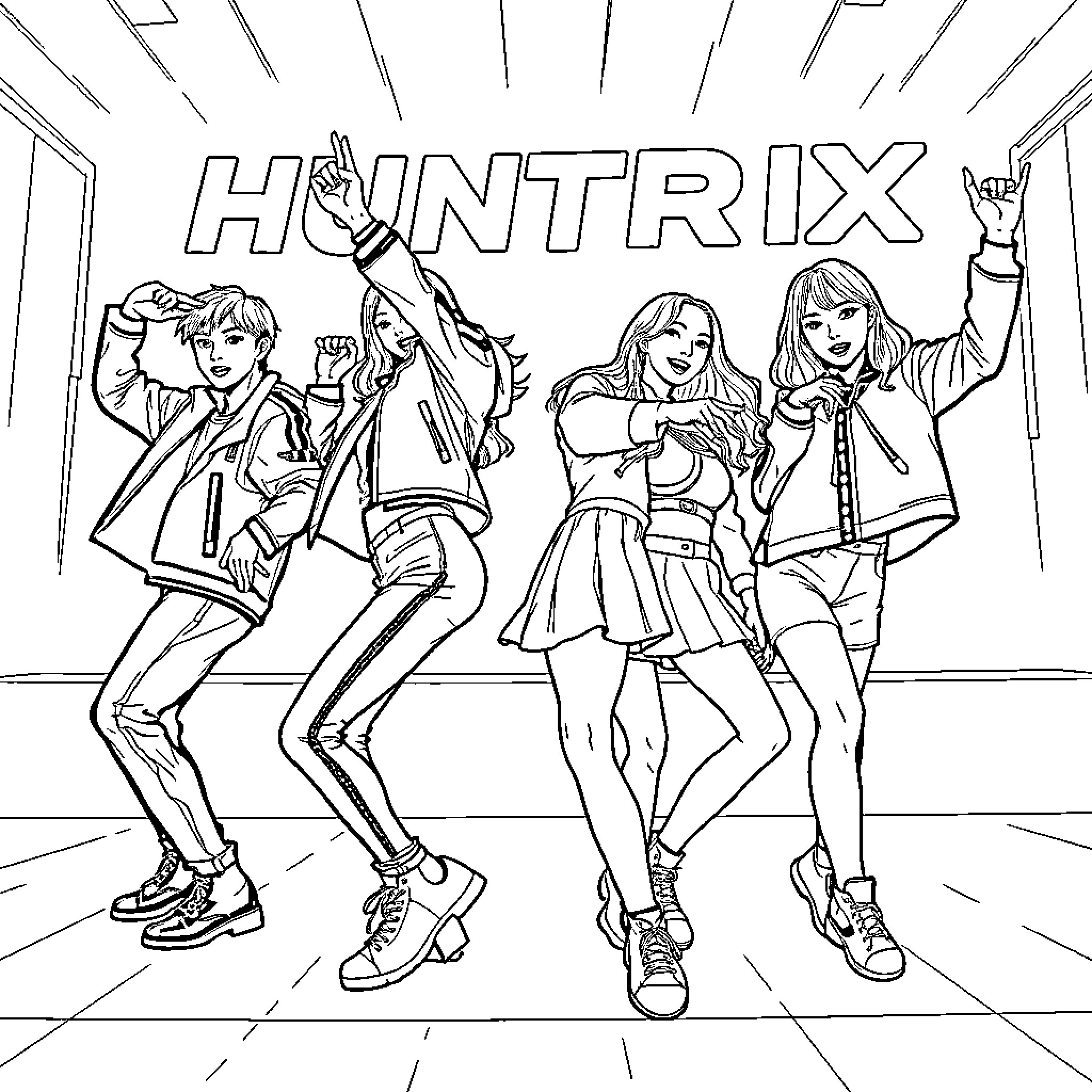 Huntrix: Stylish Trio Strikes a Pose Coloring Page (free black-and-white line drawing printable PDF for all, from beginners to advanced learners, including children, teens, adults, and seniors)