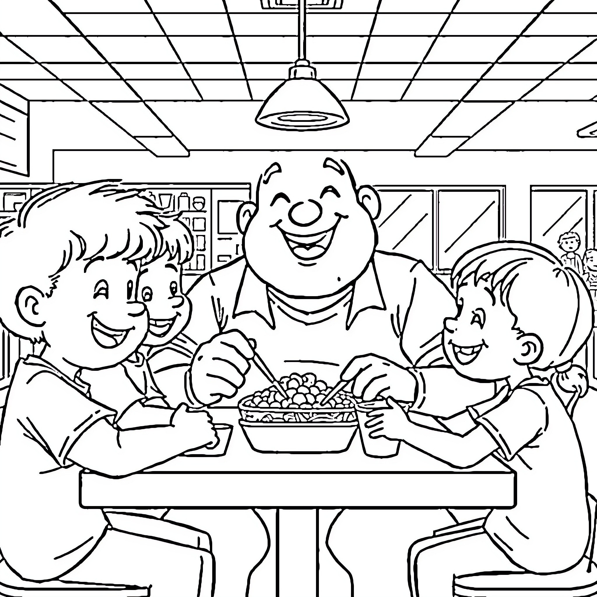 Guy enjoying snack time with kids at school cafeteria Coloring Page (free black-and-white line drawing printable PDF for all, from beginners to advanced learners, including children, teens, adults, and seniors)