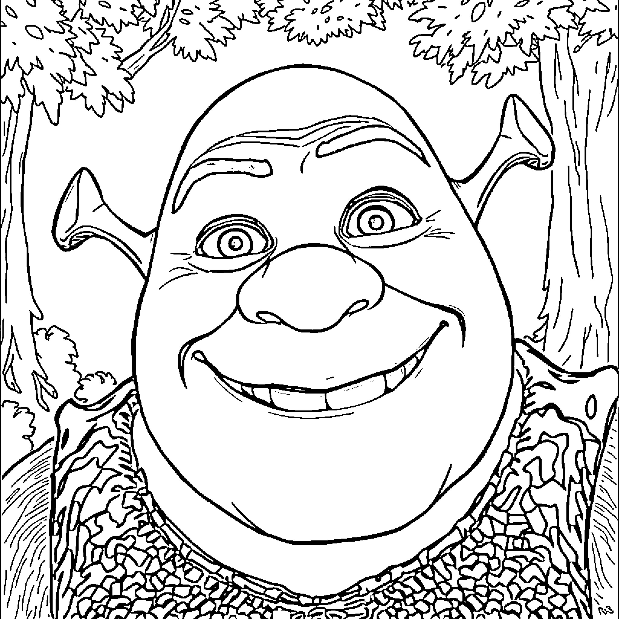 Shrek's Playful Expression in the Enchanted Forest Coloring Page (free black-and-white line drawing printable PDF for all, from beginners to advanced learners, including children, teens, adults, and seniors)
