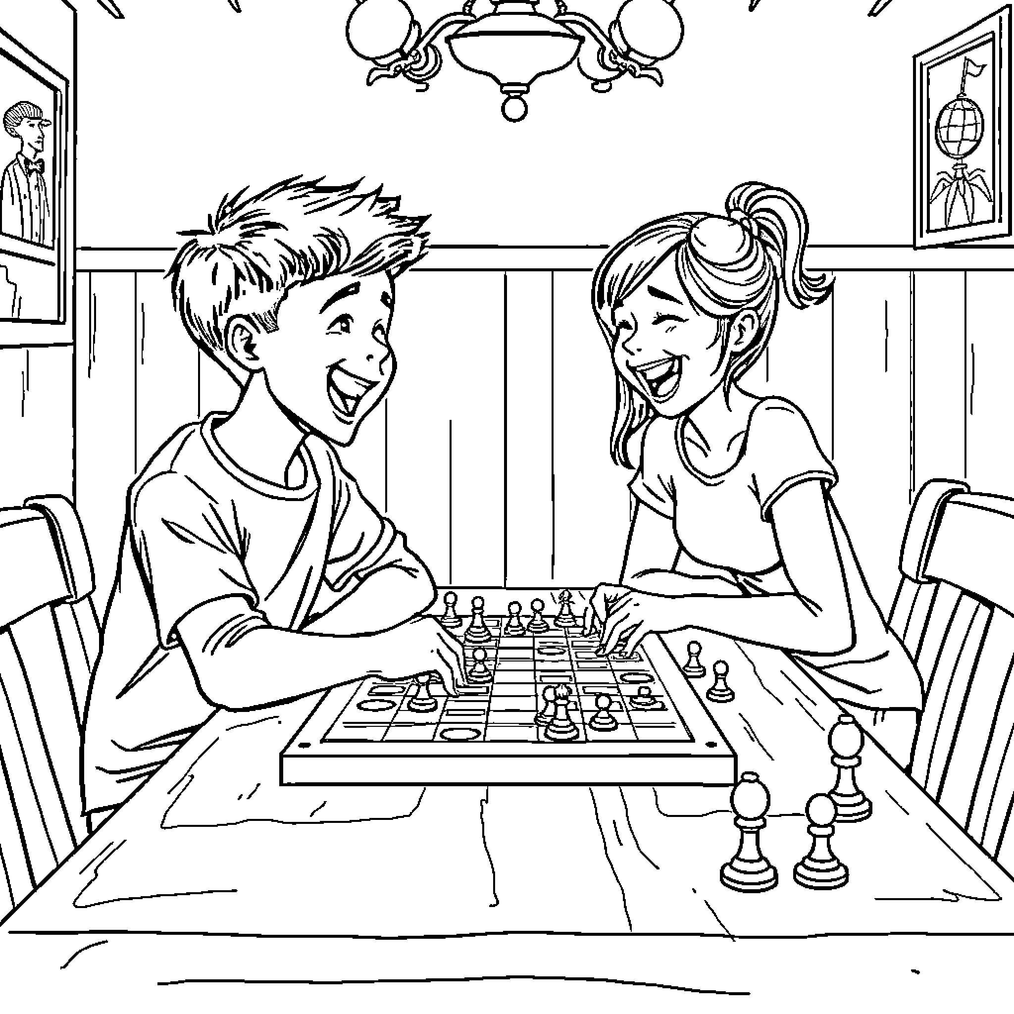 Siblings playing chess together happily Coloring Page (free black-and-white line drawing printable PDF for all, from beginners to advanced learners, including children, teens, adults, and seniors)