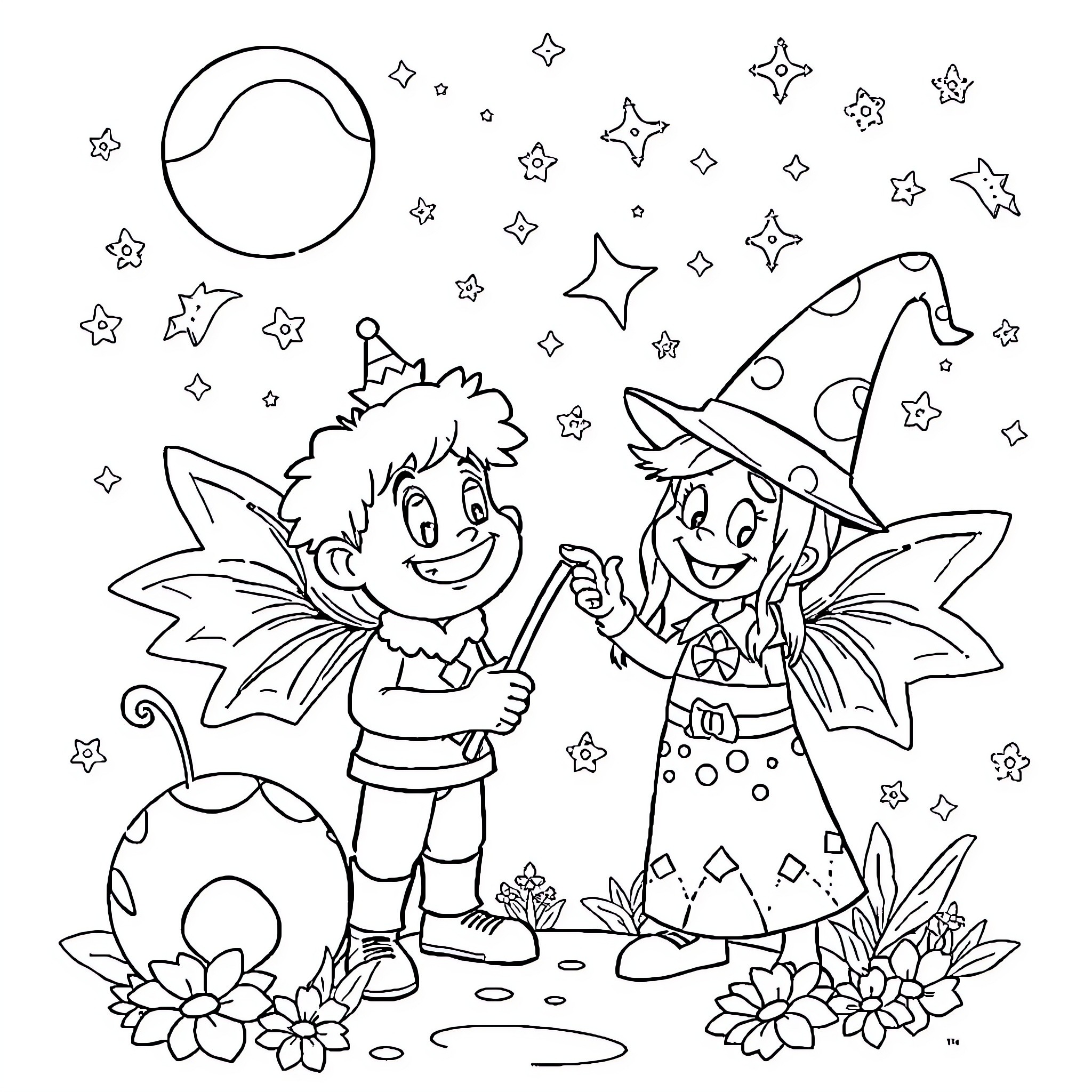 Magic Fairy Friends Explore Whimsical Landscape Coloring Page (free black-and-white line drawing printable PDF for all, from beginners to advanced learners, including children, teens, adults, and seniors)