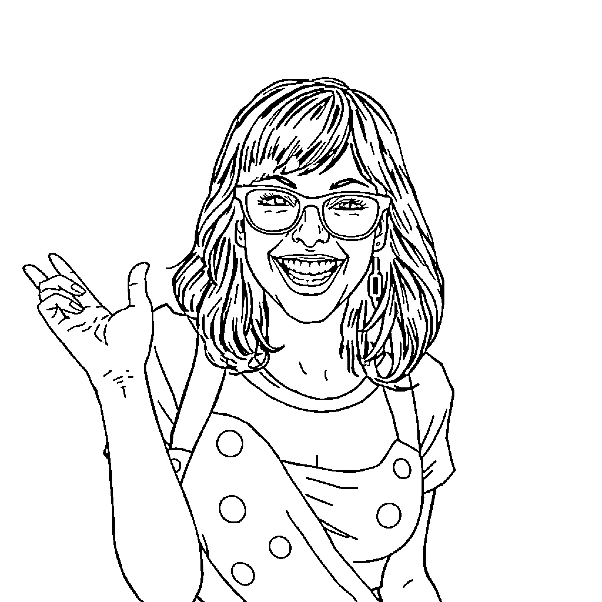 Zooey Deschanel making a playful gesture in a polka dot outfit Coloring Page (free black-and-white line drawing printable PDF for all, from beginners to advanced learners, including children, teens, adults, and seniors)