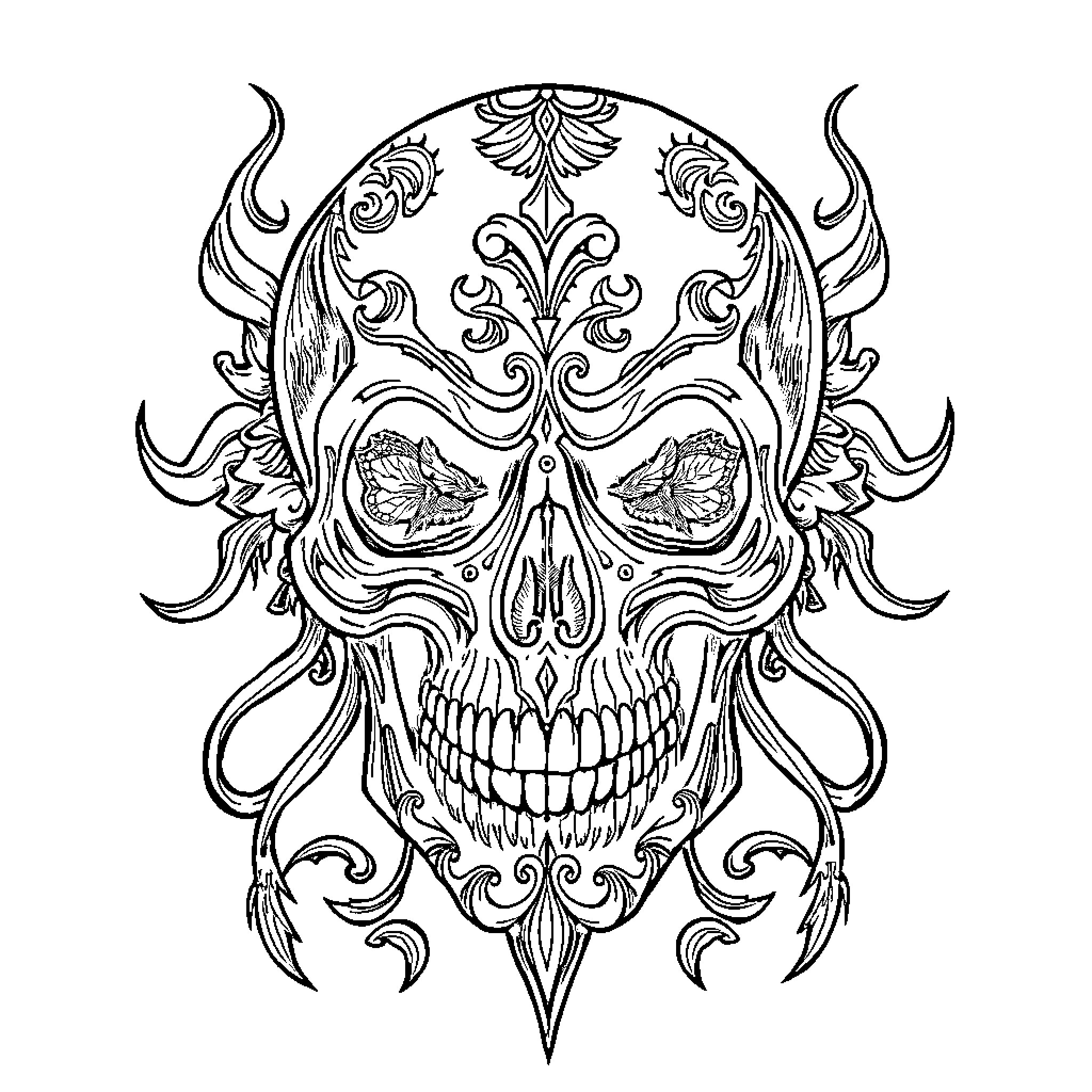Skull with intricate floral decorations Coloring Page (free black-and-white line drawing printable PDF for all, from beginners to advanced learners, including children, teens, adults, and seniors)