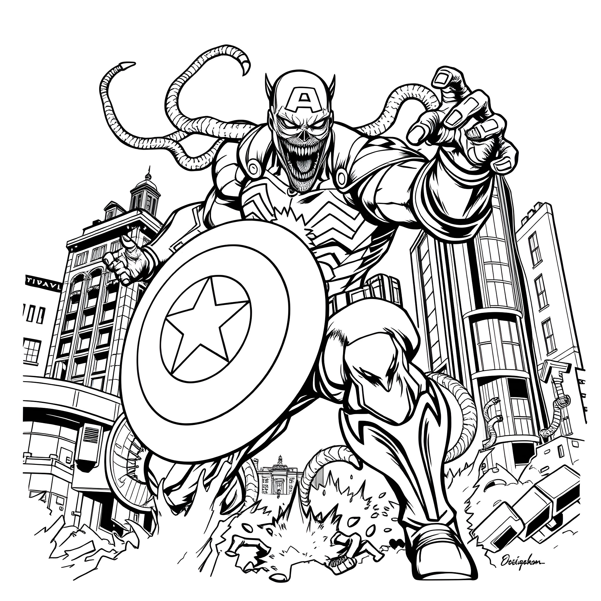 Captain Venom Battles Heroically in the City Coloring Page (free black-and-white line drawing printable PDF for all, from beginners to advanced learners, including children, teens, adults, and seniors)