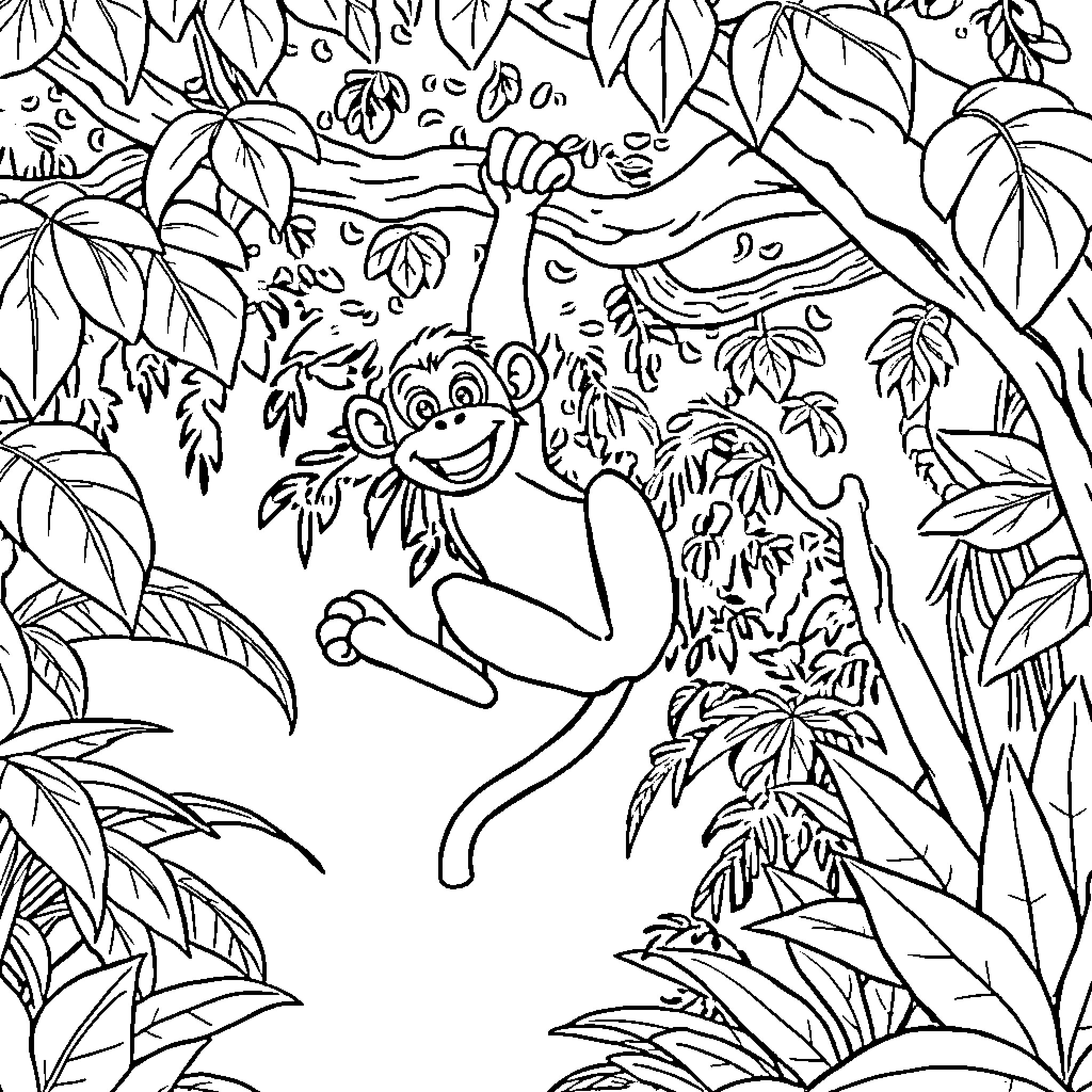 Monkey playing playfully in the jungle Coloring Page (free black-and-white line drawing printable PDF for all, from beginners to advanced learners, including children, teens, adults, and seniors)