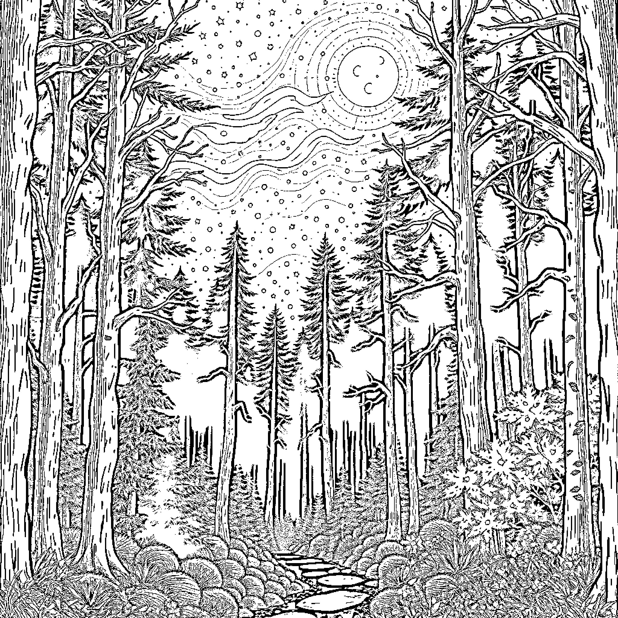 Forest Filled with Enchanting Scenery and Whimsical Details Coloring Page (free black-and-white line drawing printable PDF for all, from beginners to advanced learners, including children, teens, adults, and seniors)