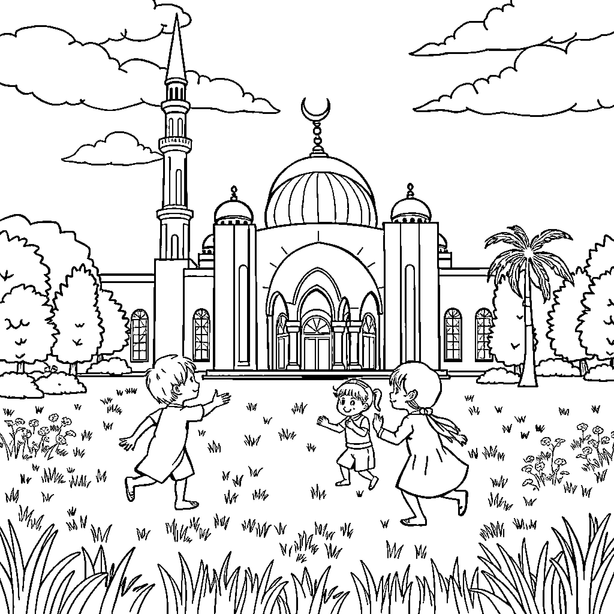 Kid Playing in the Lush Garden Near the Mosque Coloring Page (free black-and-white line drawing printable PDF for all, from beginners to advanced learners, including children, teens, adults, and seniors)