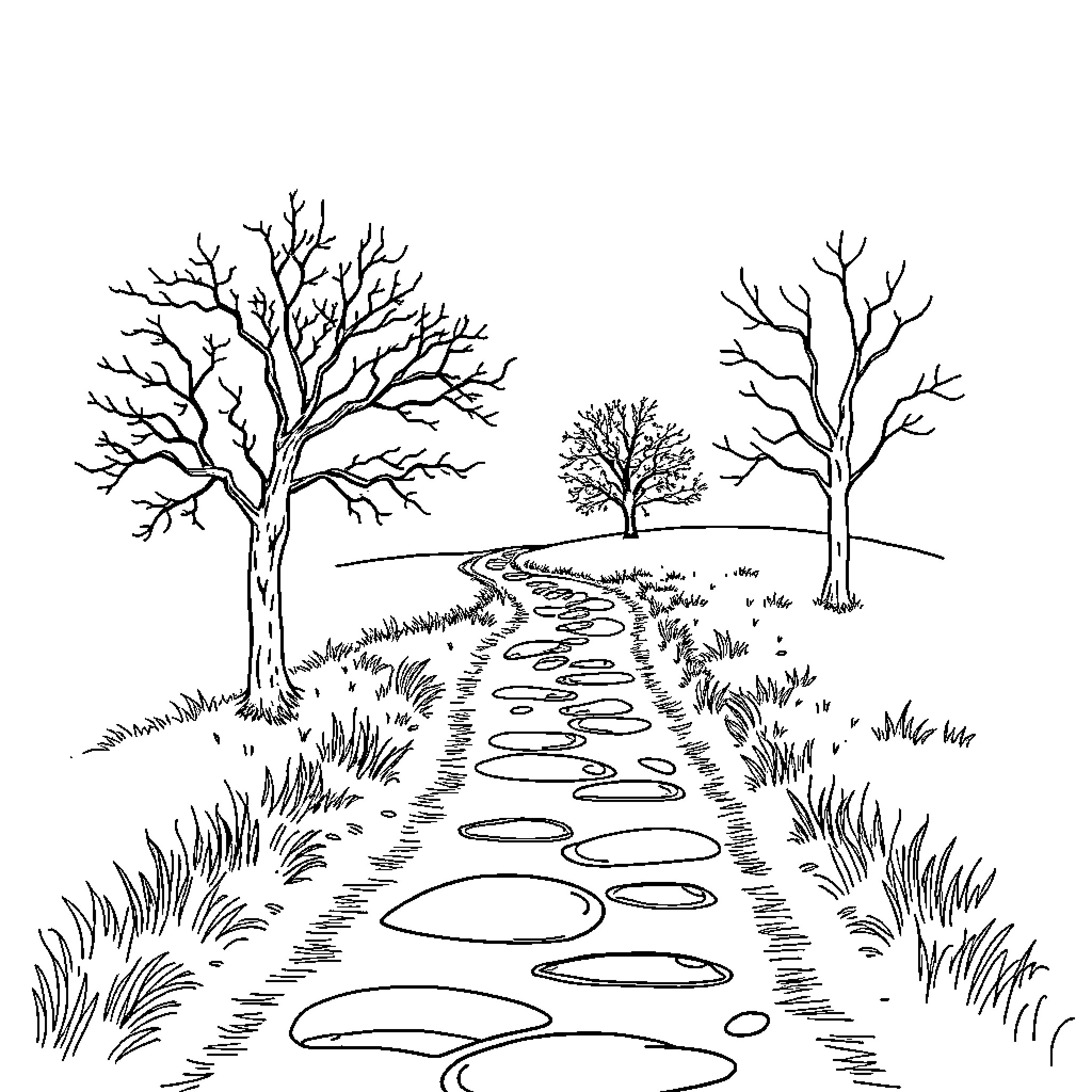 Alternative Monochrome Landscape with Winding Path Coloring Page (free black-and-white line drawing printable PDF for all, from beginners to advanced learners, including children, teens, adults, and seniors)