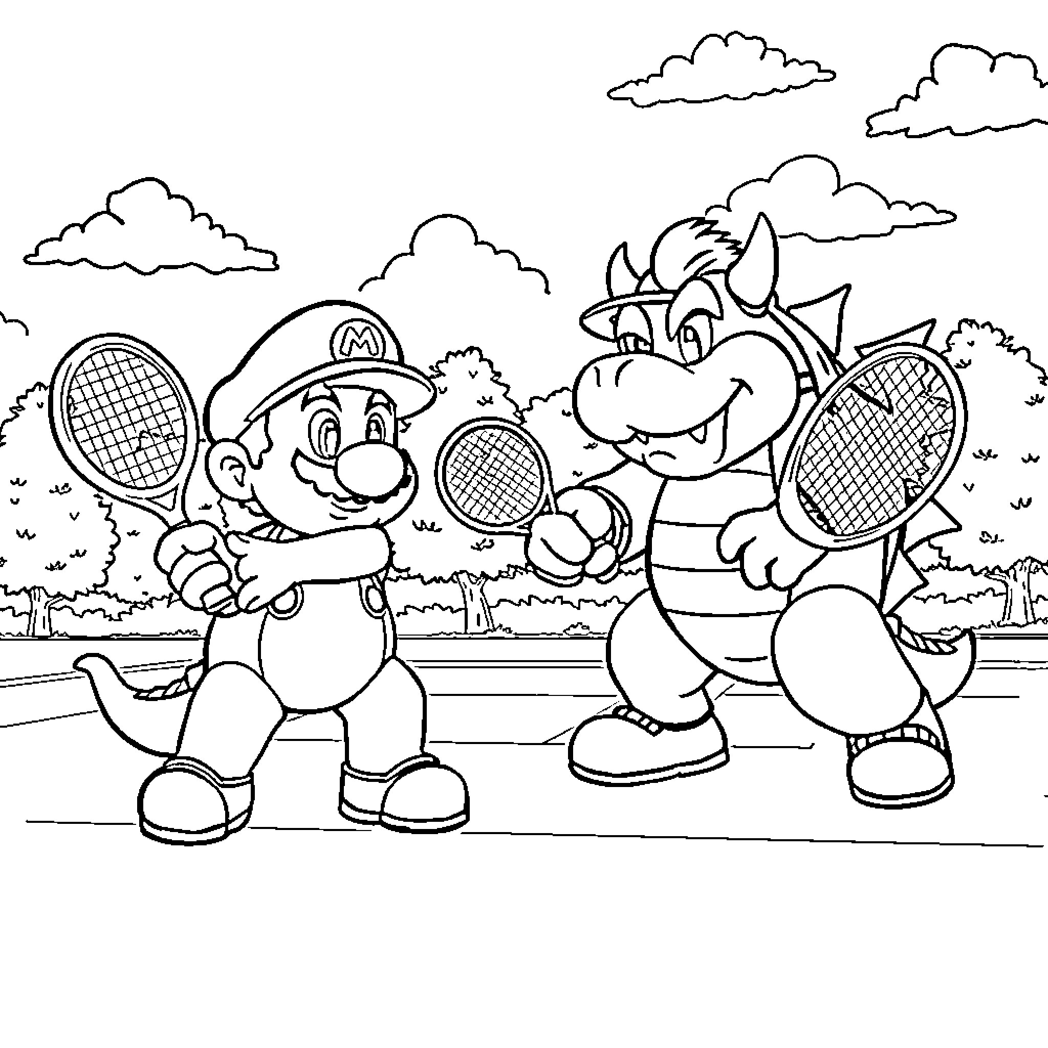 Super Mario and Bowser Playing Tennis Together Coloring Page (free black-and-white line drawing printable PDF for all, from beginners to advanced learners, including children, teens, adults, and seniors)