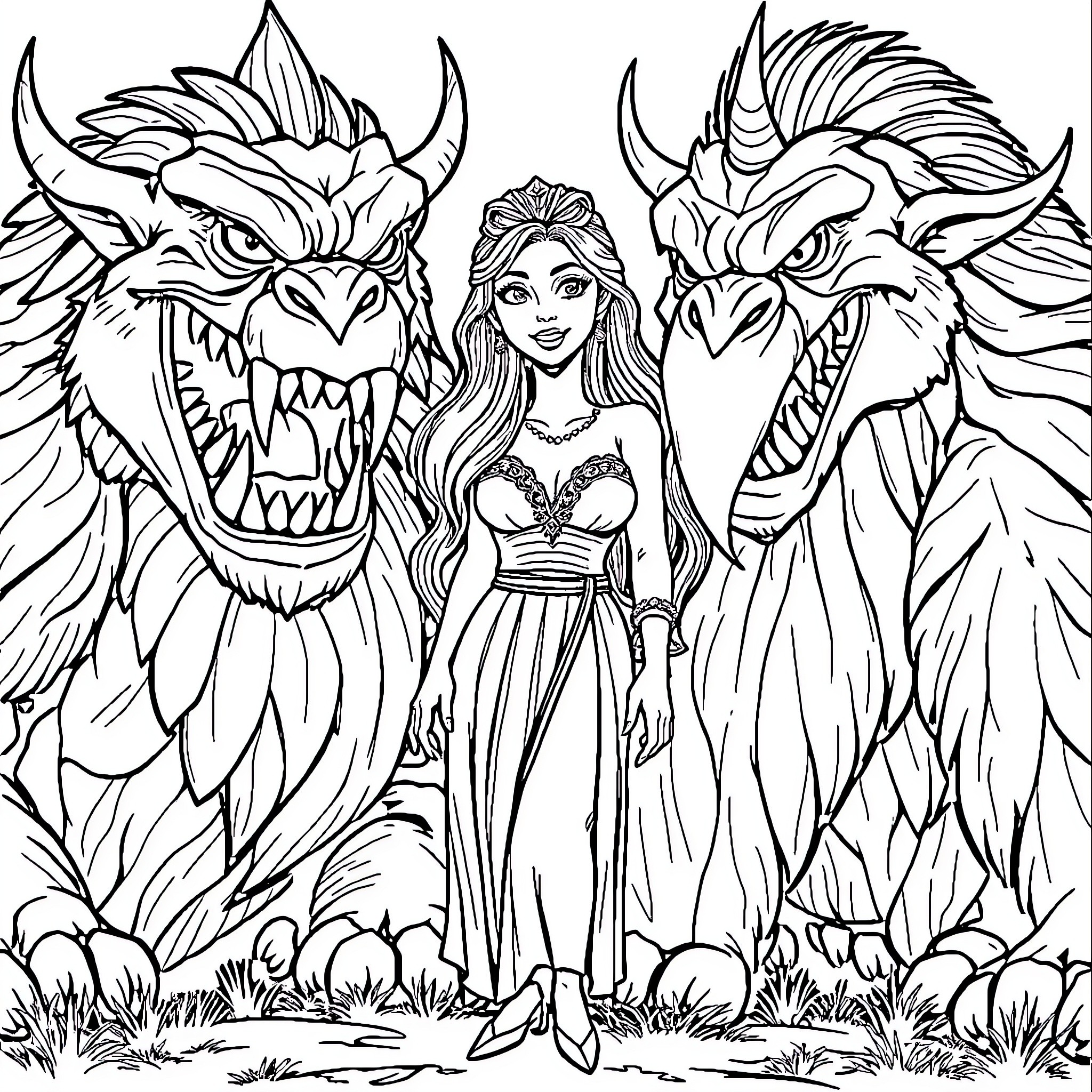 Gorilla-like monsters and a brave woman in fantasy scene Coloring Page (free black-and-white line drawing printable PDF for all, from beginners to advanced learners, including children, teens, adults, and seniors)