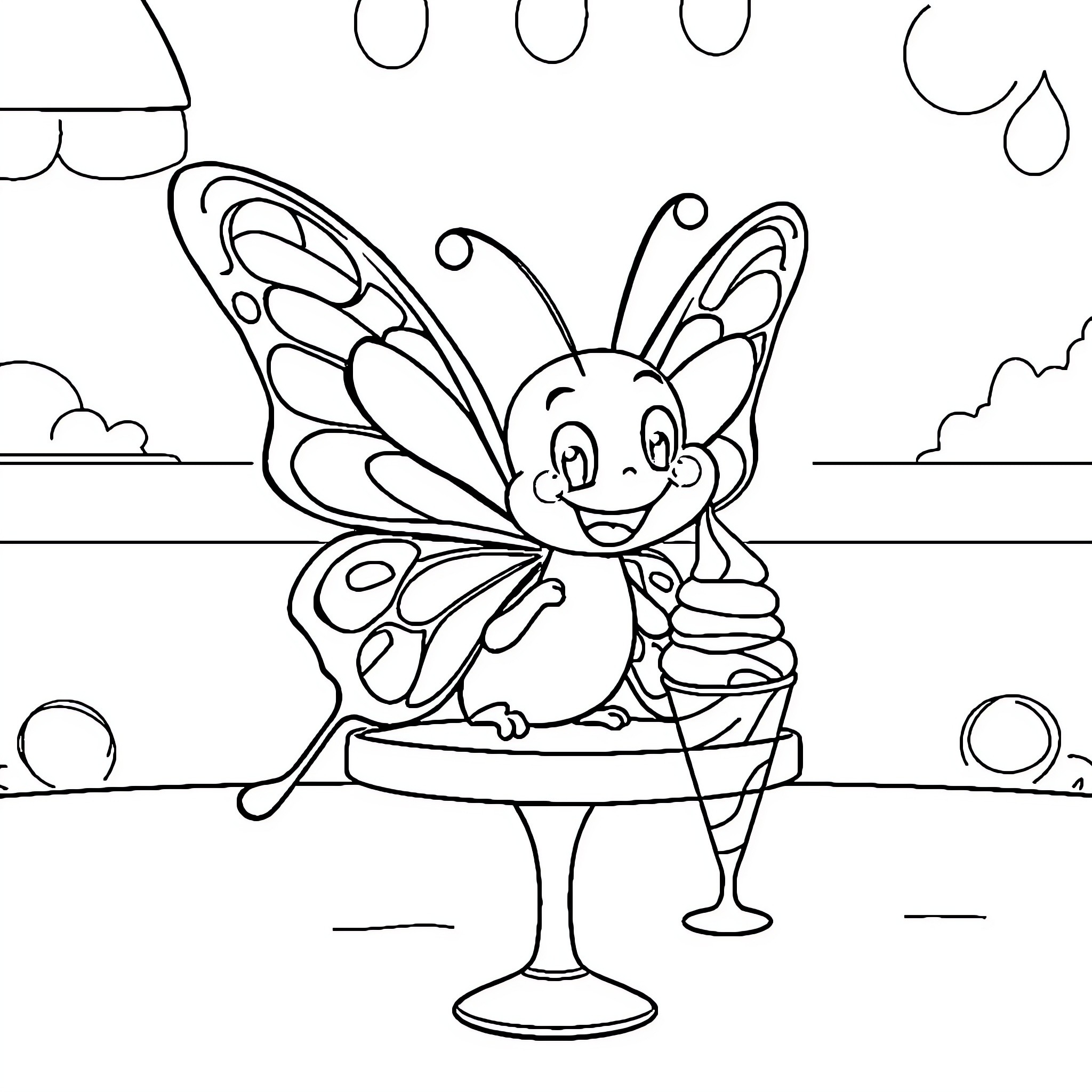 Butterfly enjoying a refreshing drink Coloring Page (free black-and-white line drawing printable PDF for all, from beginners to advanced learners, including children, teens, adults, and seniors)