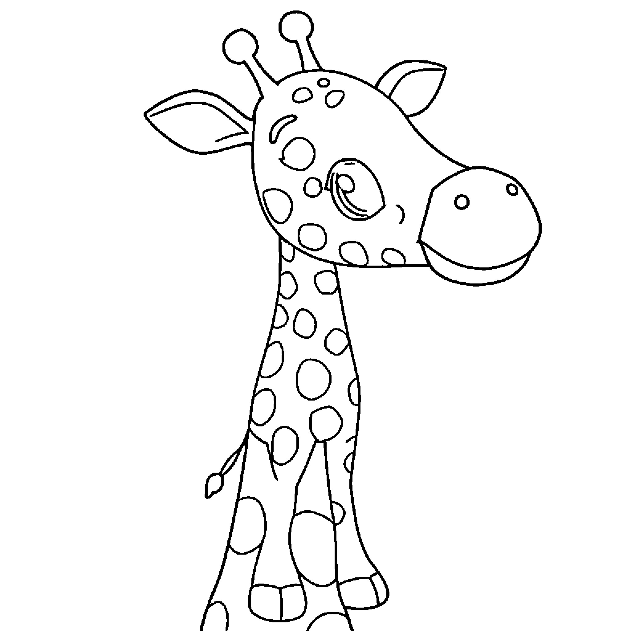 Giraffe with a happy expression Coloring Page (free black-and-white line drawing printable PDF for all, from beginners to advanced learners, including children, teens, adults, and seniors)