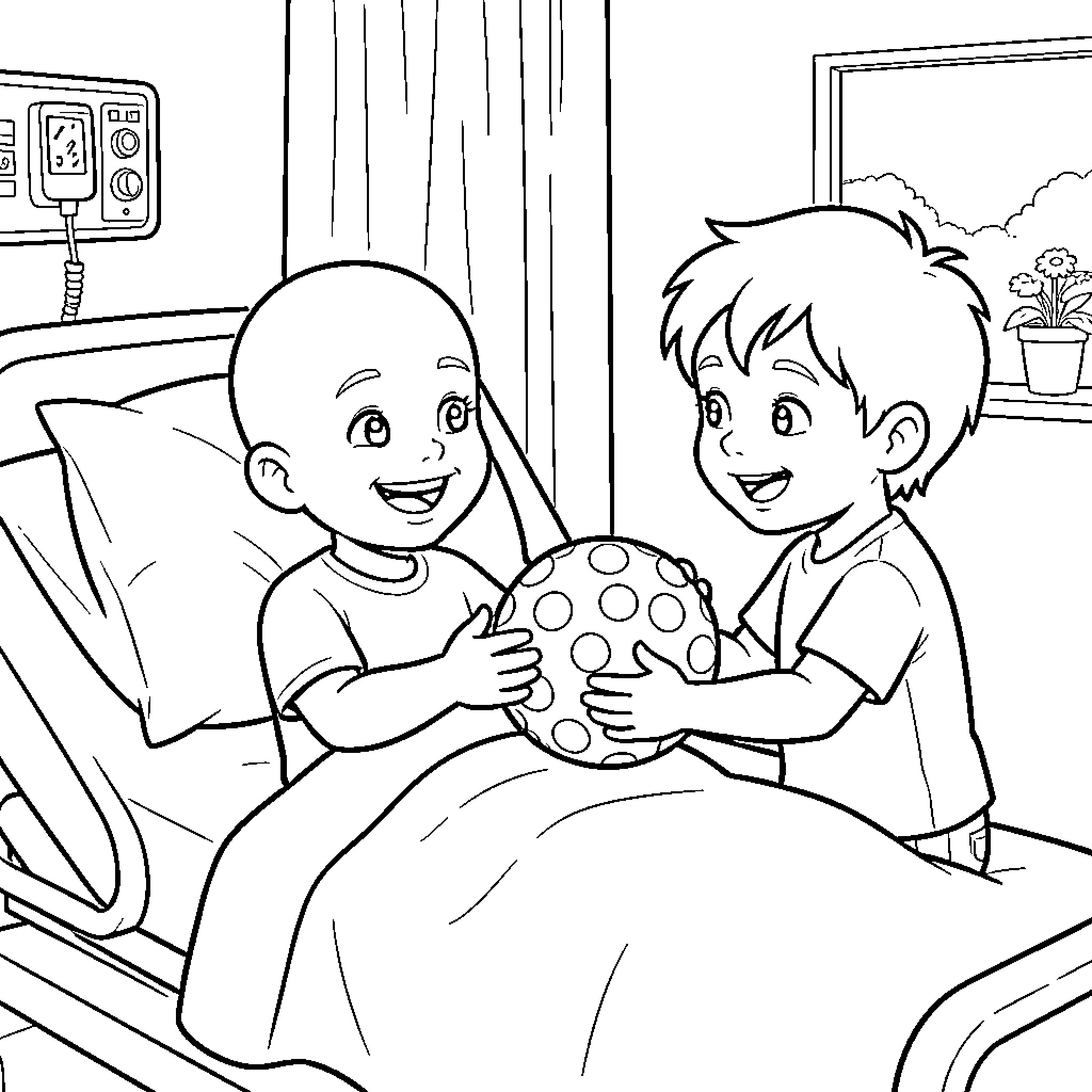 Niño Sharing Toy with Friend in Hospital Coloring Page (free black-and-white line drawing printable PDF for all, from beginners to advanced learners, including children, teens, adults, and seniors)