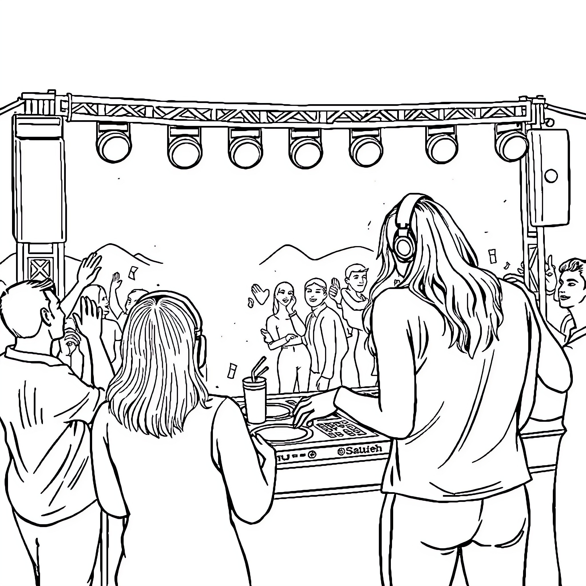 Samantha Performs on Stage with Enthusiastic Crowd Coloring Page (free black-and-white line drawing printable PDF for all, from beginners to advanced learners, including children, teens, adults, and seniors)
