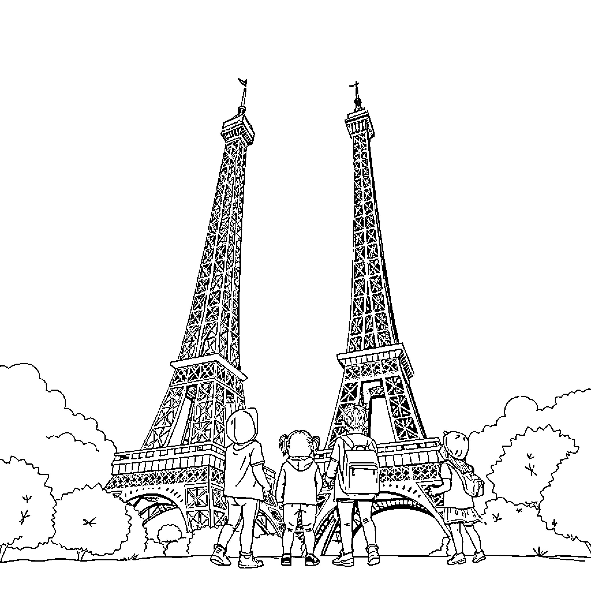 Eiffel Tower with tourists enjoying the view Coloring Page (free black-and-white line drawing printable PDF for all, from beginners to advanced learners, including children, teens, adults, and seniors)