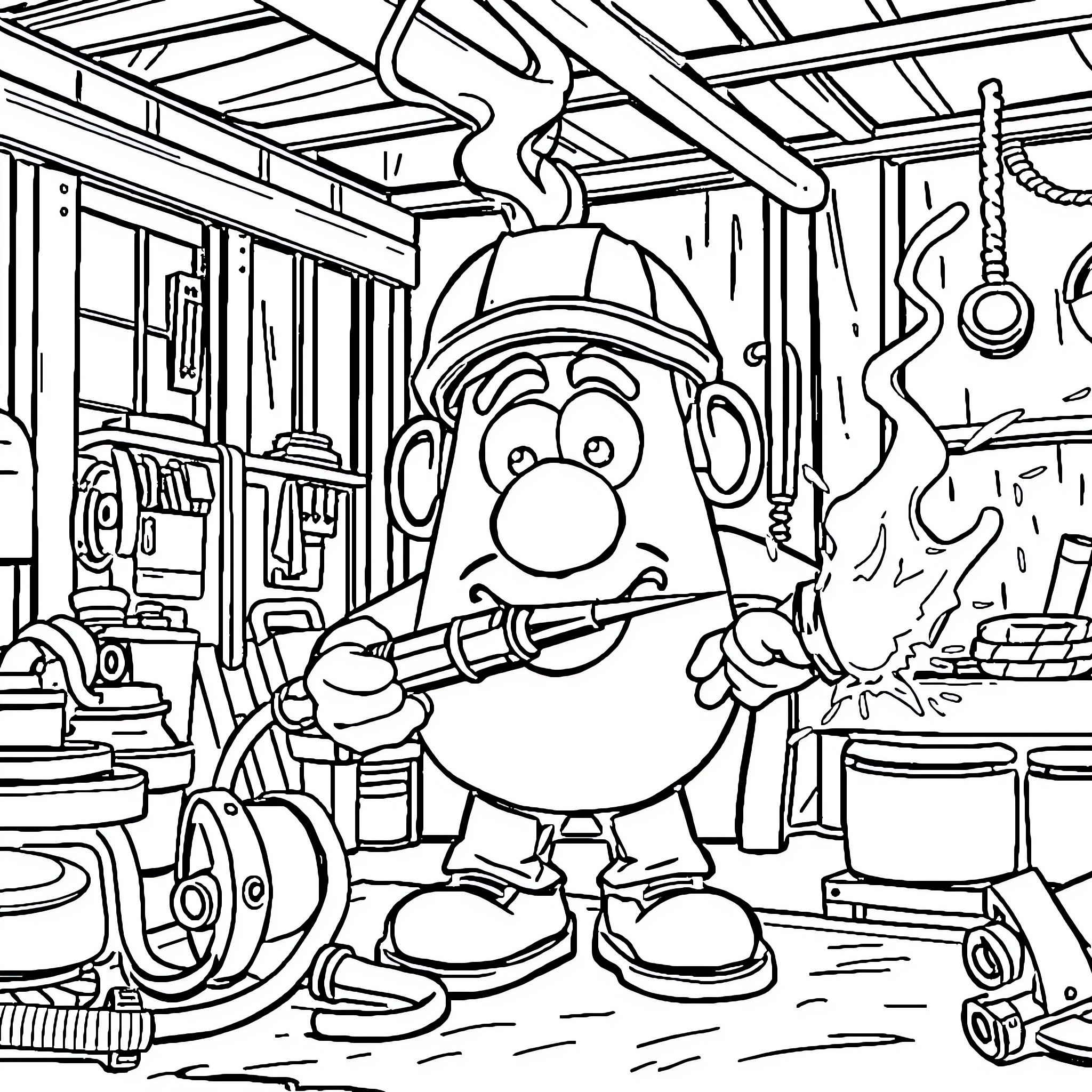 Mr. Potato Head working in a messy workshop Coloring Page (free black-and-white line drawing printable PDF for all, from beginners to advanced learners, including children, teens, adults, and seniors)