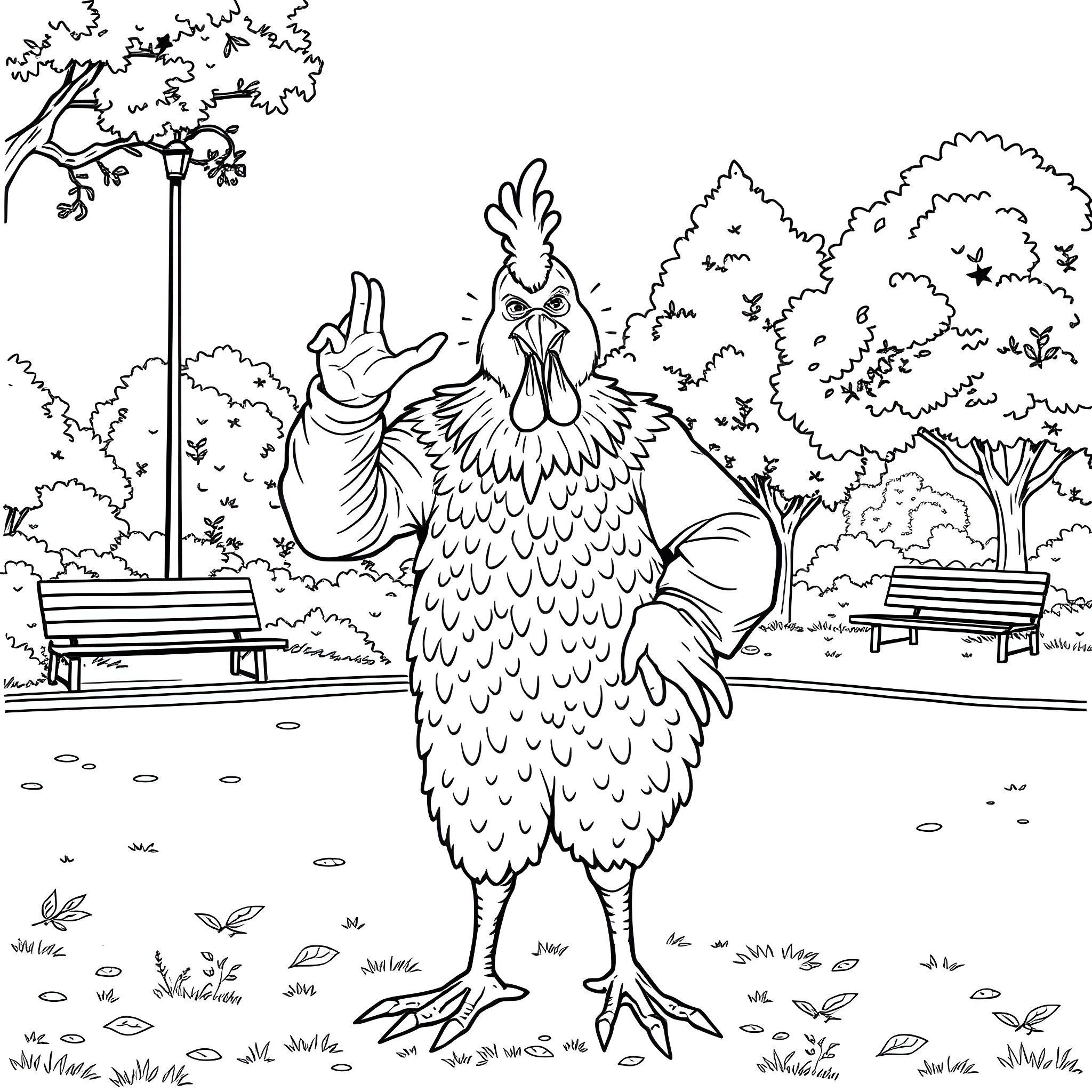 Man in colorful rooster costume in park Coloring Page (free black-and-white line drawing printable PDF for all, from beginners to advanced learners, including children, teens, adults, and seniors)