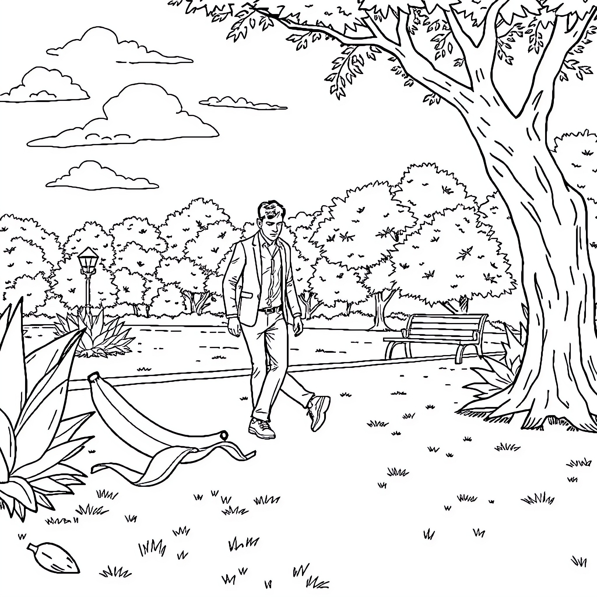 Man walking dog in the park on a sunny day Coloring Page (free black-and-white line drawing printable PDF for all, from beginners to advanced learners, including children, teens, adults, and seniors)