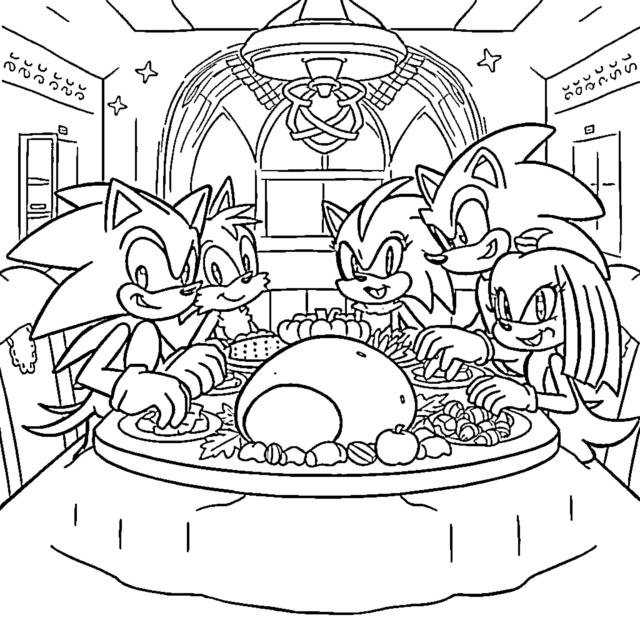 Sonic and Friends Enjoying a Feast Coloring Page (free black-and-white line drawing printable PDF for all, from beginners to advanced learners, including children, teens, adults, and seniors)