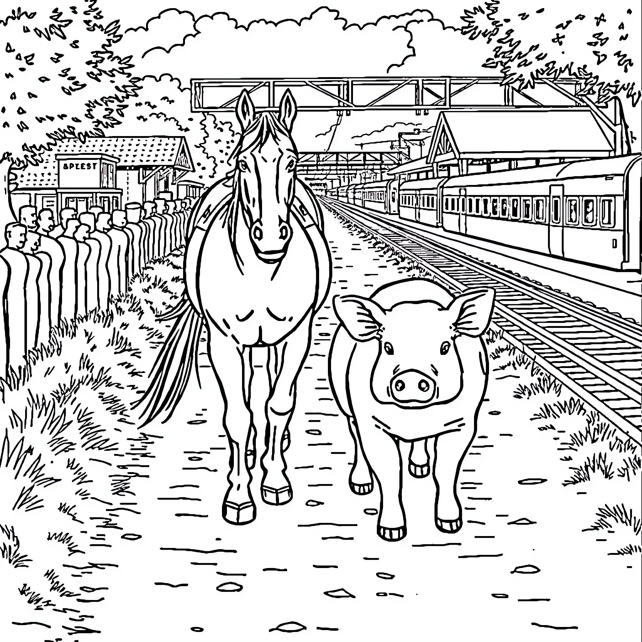 Horse and Pig Walking Together on Train Platform Coloring Page (free black-and-white line drawing printable PDF for all, from beginners to advanced learners, including children, teens, adults, and seniors)