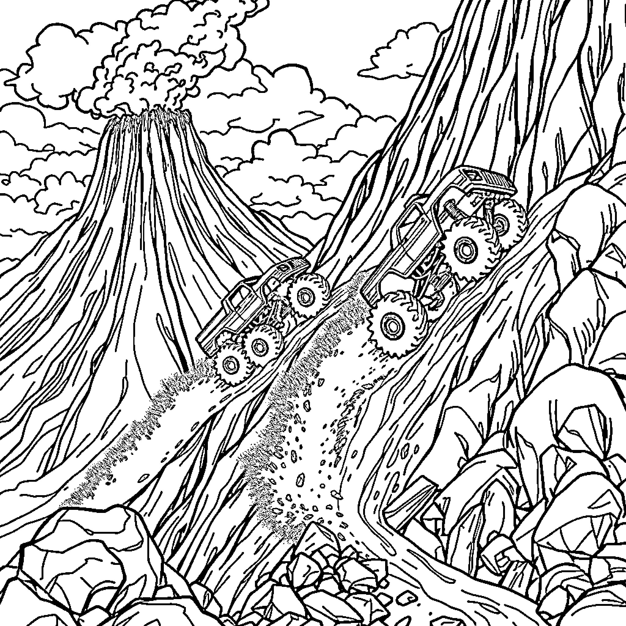 Monster Truck Eruption in Jungle Landscape Coloring Page (free black-and-white line drawing printable PDF for all, from beginners to advanced learners, including children, teens, adults, and seniors)