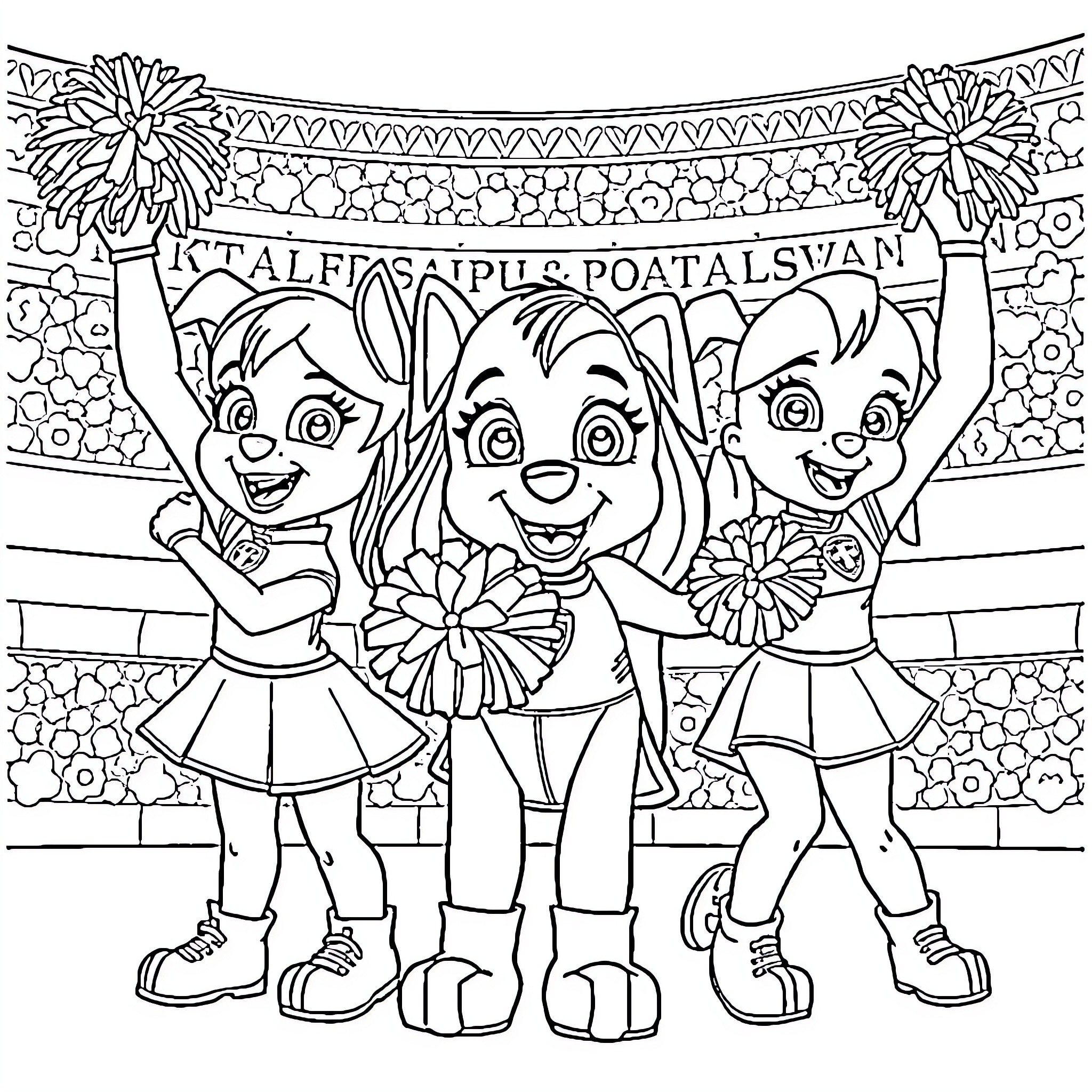 Paw Patrol Cheerleaders Performing in Stadium Coloring Page (free black-and-white line drawing printable PDF for all, from beginners to advanced learners, including children, teens, adults, and seniors)