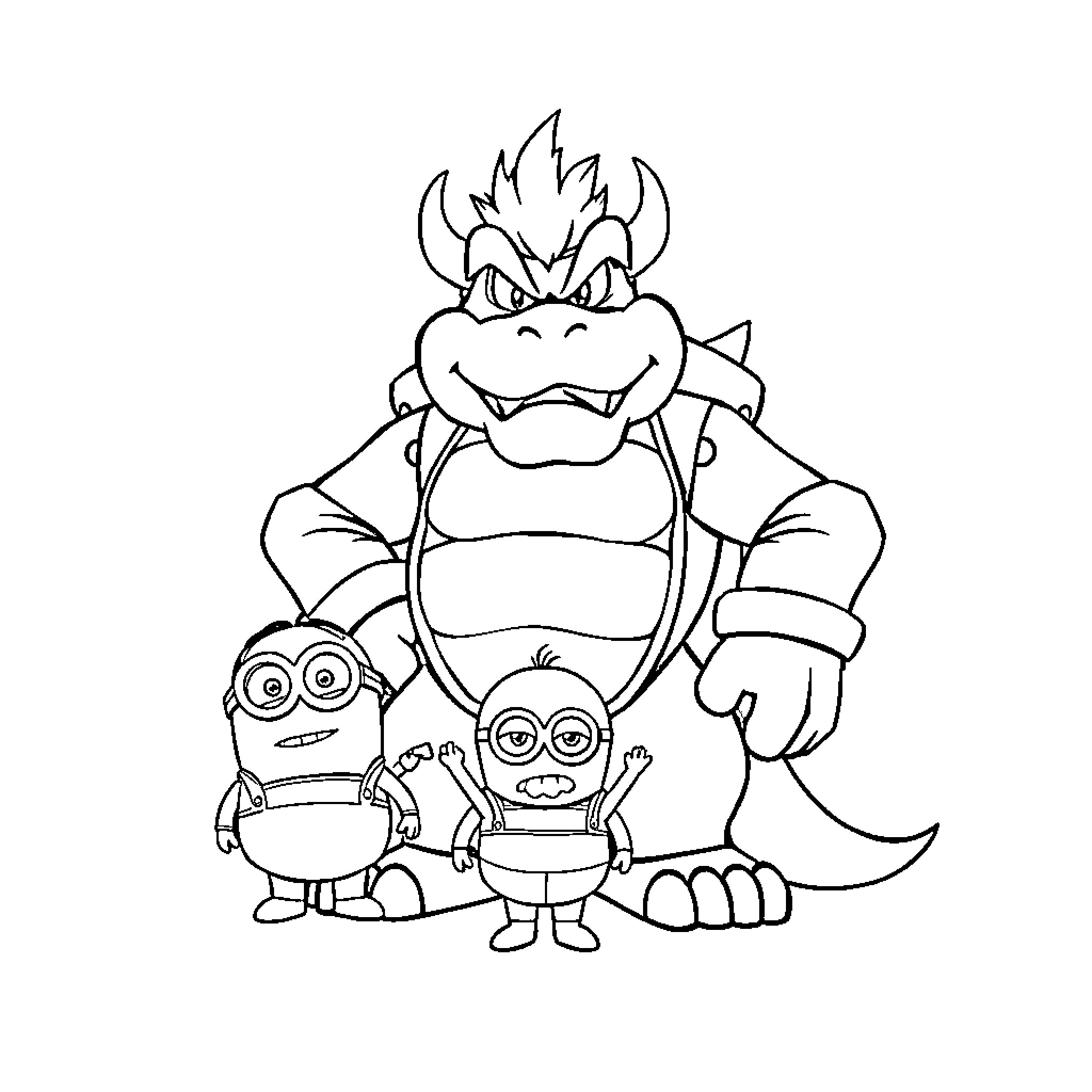 Bowser with Minions in Mischievous Pose Coloring Page (free black-and-white line drawing printable PDF for all, from beginners to advanced learners, including children, teens, adults, and seniors)