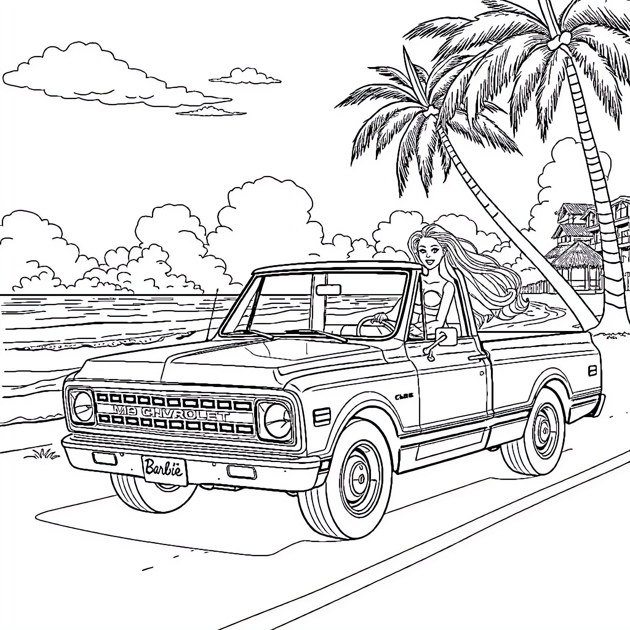 Barbie riding in her vintage car on the beach Coloring Page (free black-and-white line drawing printable PDF for all, from beginners to advanced learners, including children, teens, adults, and seniors)