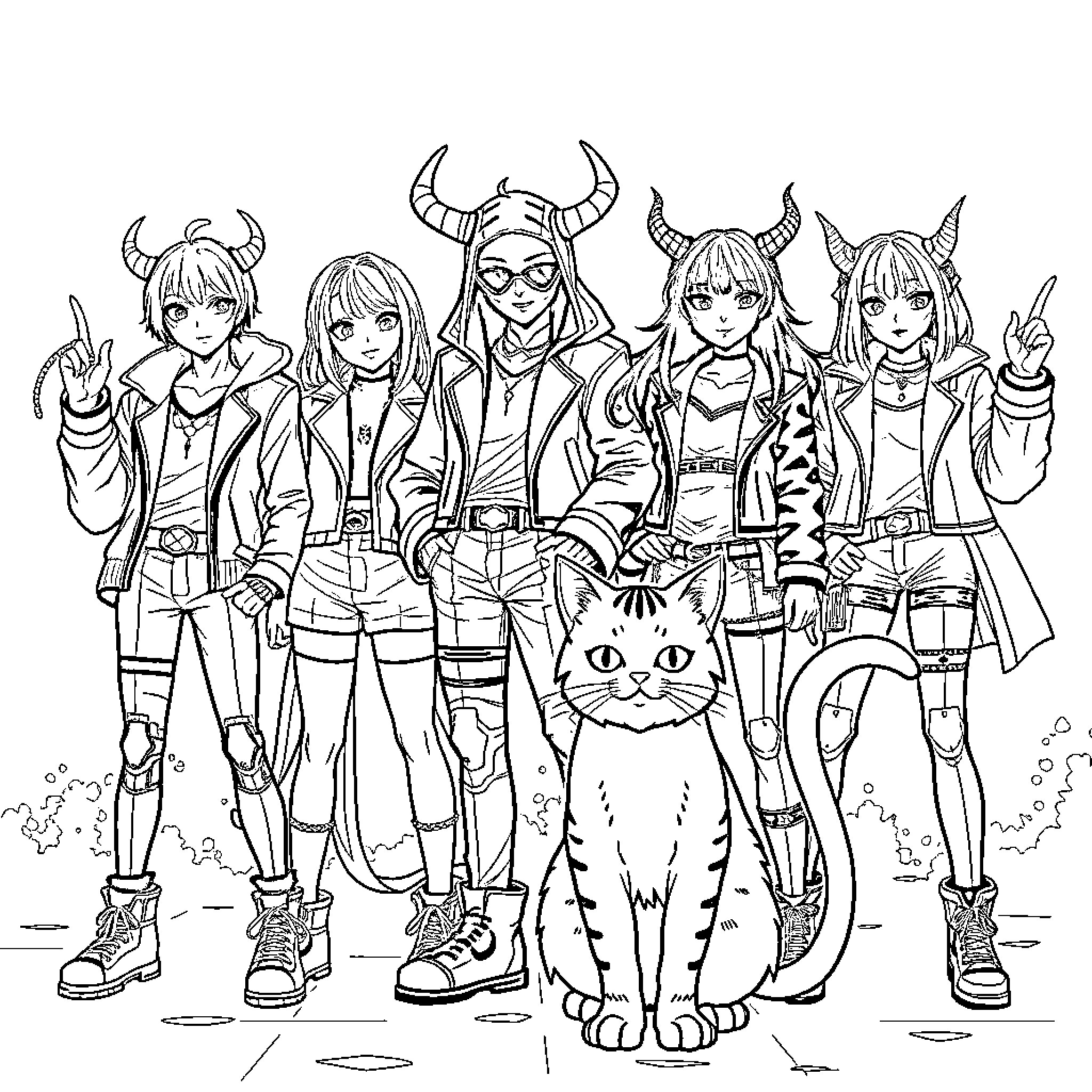 Demon Hunter Team in Heroic Attire Coloring Page (free black-and-white line drawing printable PDF for all, from beginners to advanced learners, including children, teens, adults, and seniors)