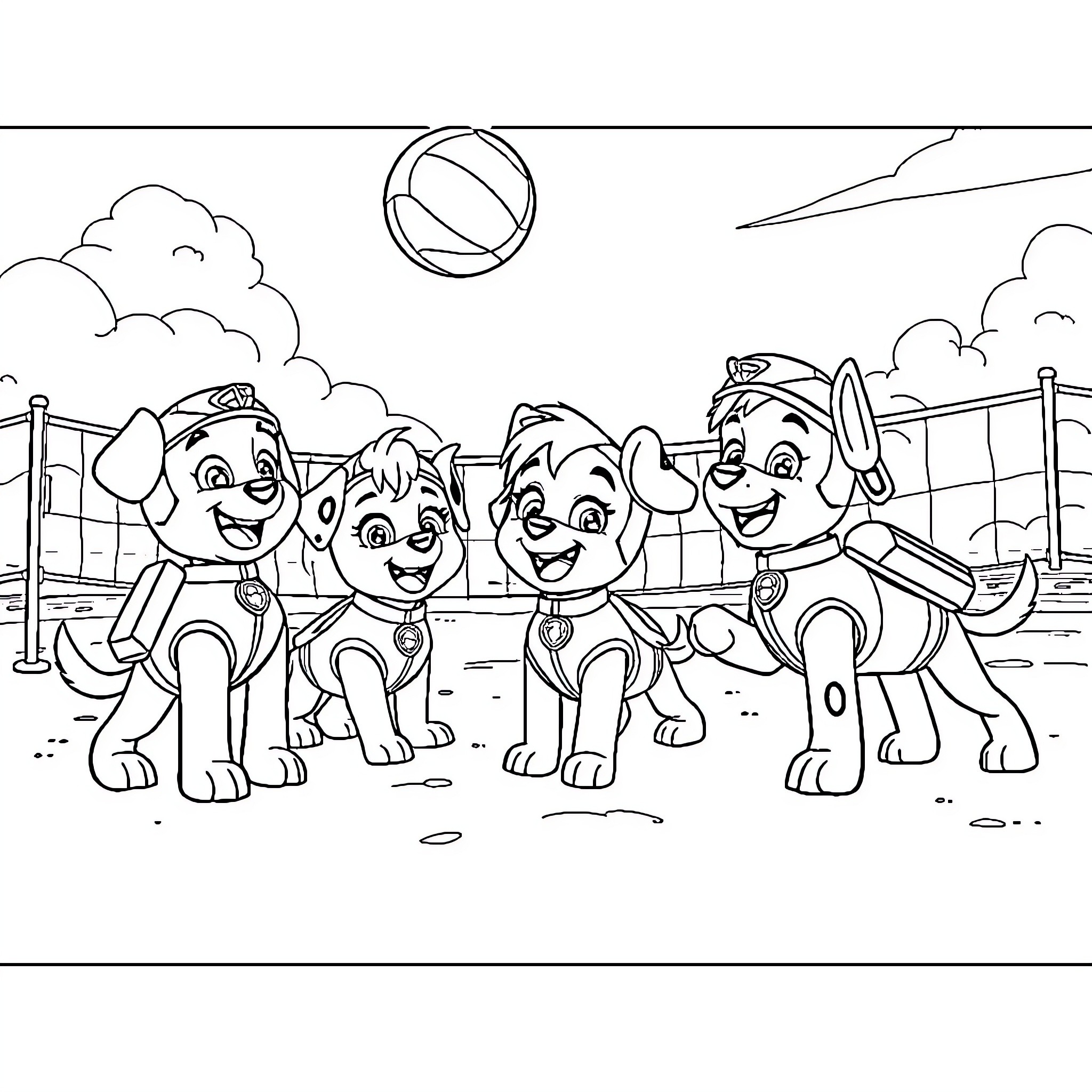 Paw Patrol Pups Playing Together in the Park Coloring Page (free black-and-white line drawing printable PDF for all, from beginners to advanced learners, including children, teens, adults, and seniors)