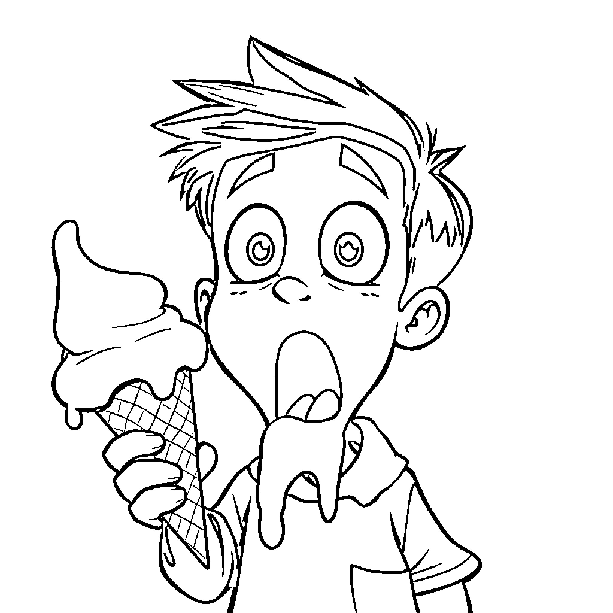 Boy enjoys delightful ice cream cone Coloring Page (free black-and-white line drawing printable PDF for all, from beginners to advanced learners, including children, teens, adults, and seniors)