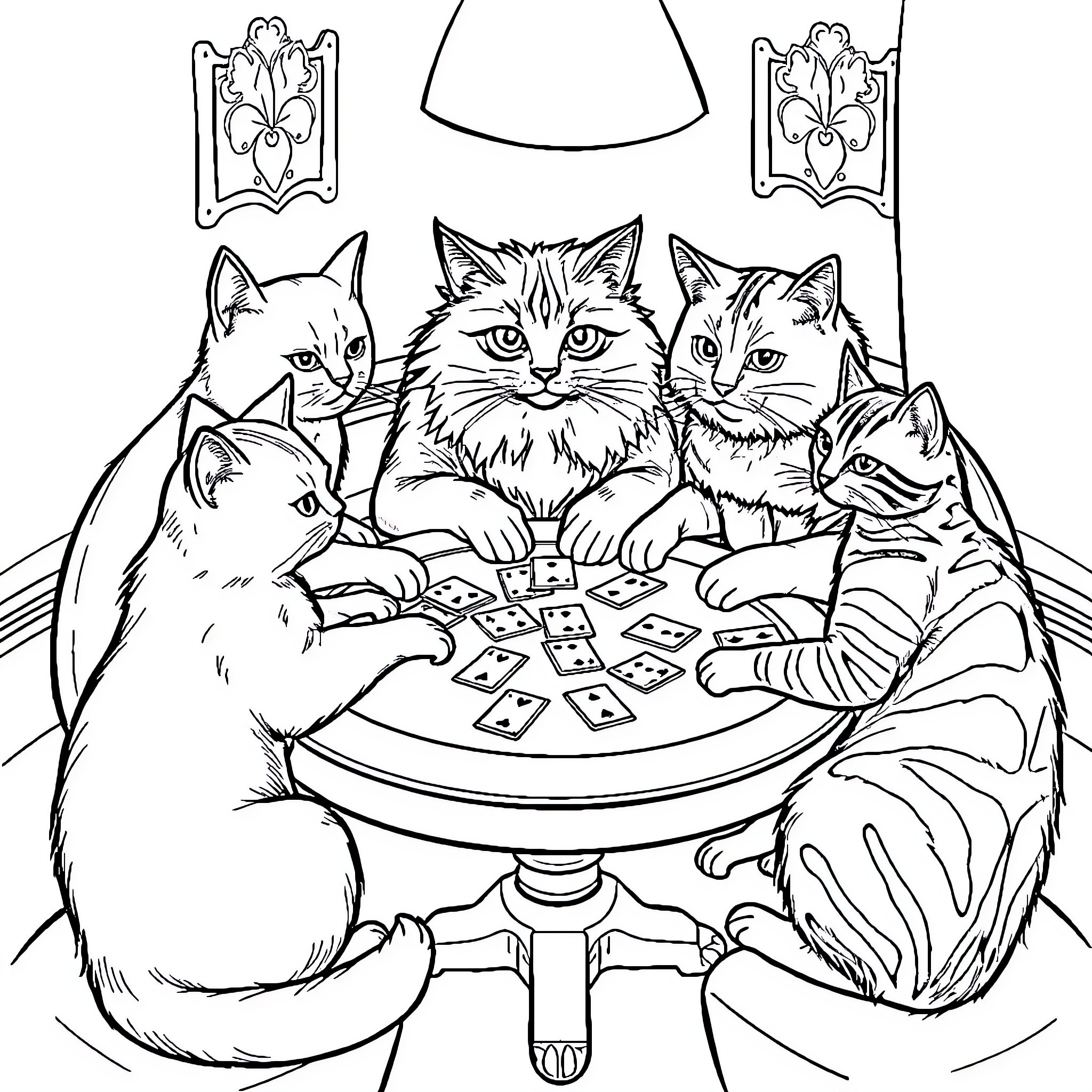 Cat game night with friends Coloring Page (free black-and-white line drawing printable PDF for all, from beginners to advanced learners, including children, teens, adults, and seniors)