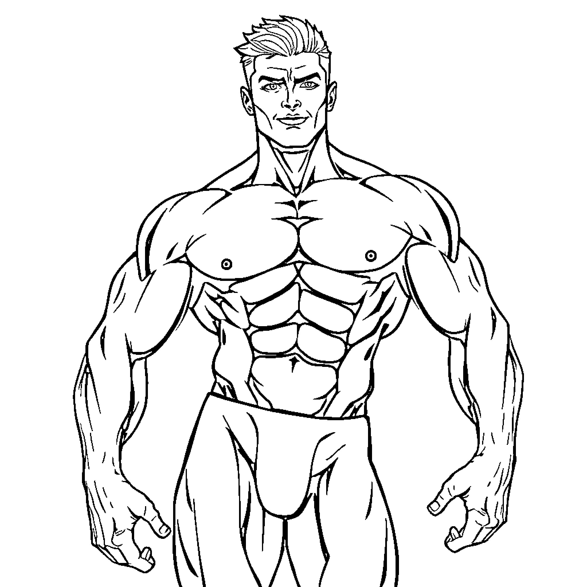 Human Body of Muscular Male Figure in Action Pose Coloring Page (free black-and-white line drawing printable PDF for all, from beginners to advanced learners, including children, teens, adults, and seniors)