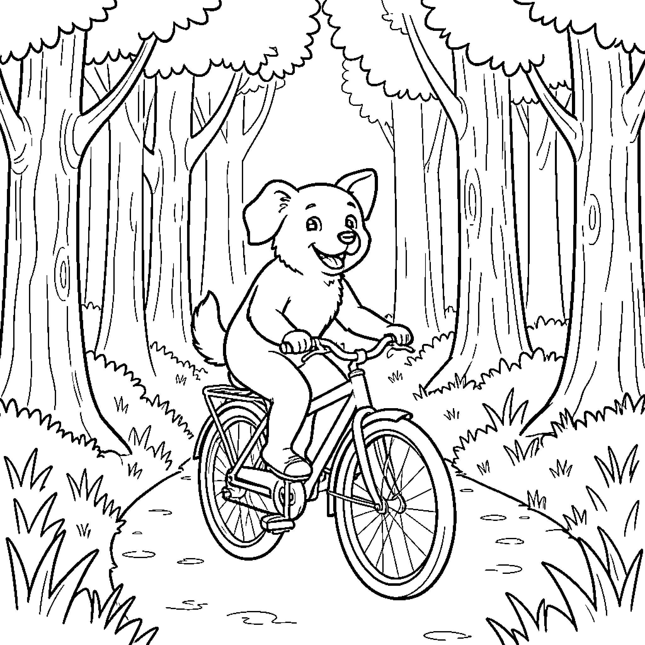 Dog riding a bicycle through a forest path Coloring Page (free black-and-white line drawing printable PDF for all, from beginners to advanced learners, including children, teens, adults, and seniors)