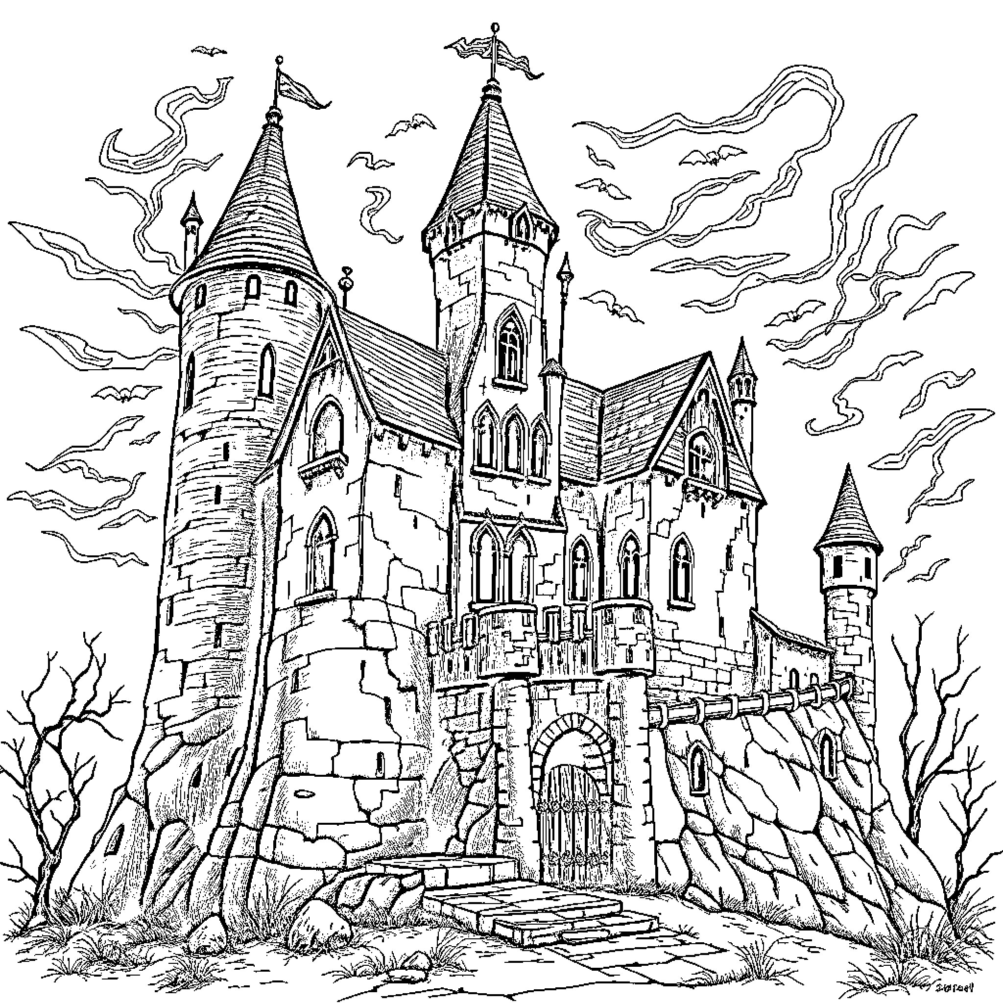 Castle with Intricate Architecture and Enchanting Scenery Coloring Page (free black-and-white line drawing printable PDF for all, from beginners to advanced learners, including children, teens, adults, and seniors)
