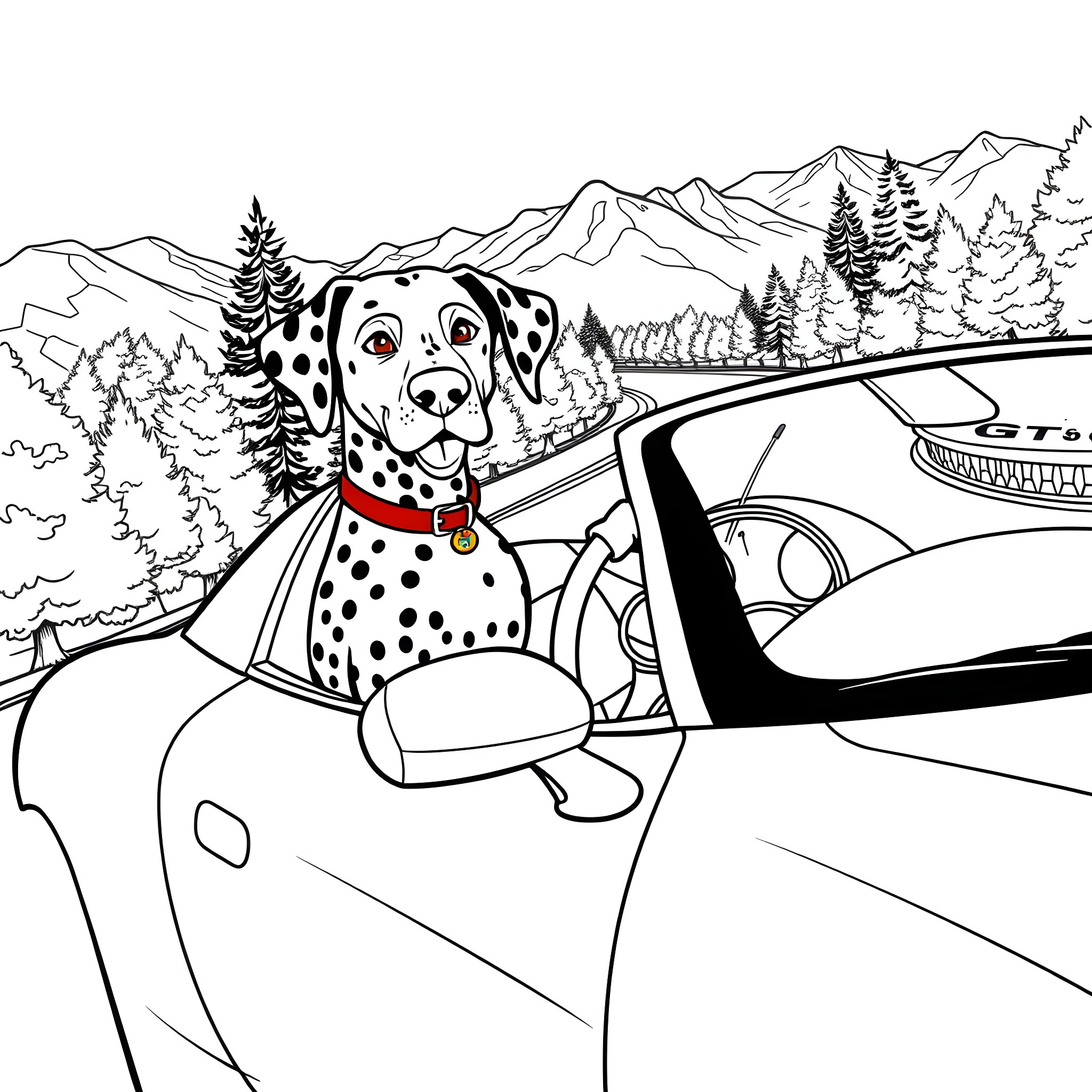 Dalmatian enjoying road trip through scenic mountains Coloring Page (free black-and-white line drawing printable PDF for all, from beginners to advanced learners, including children, teens, adults, and seniors)