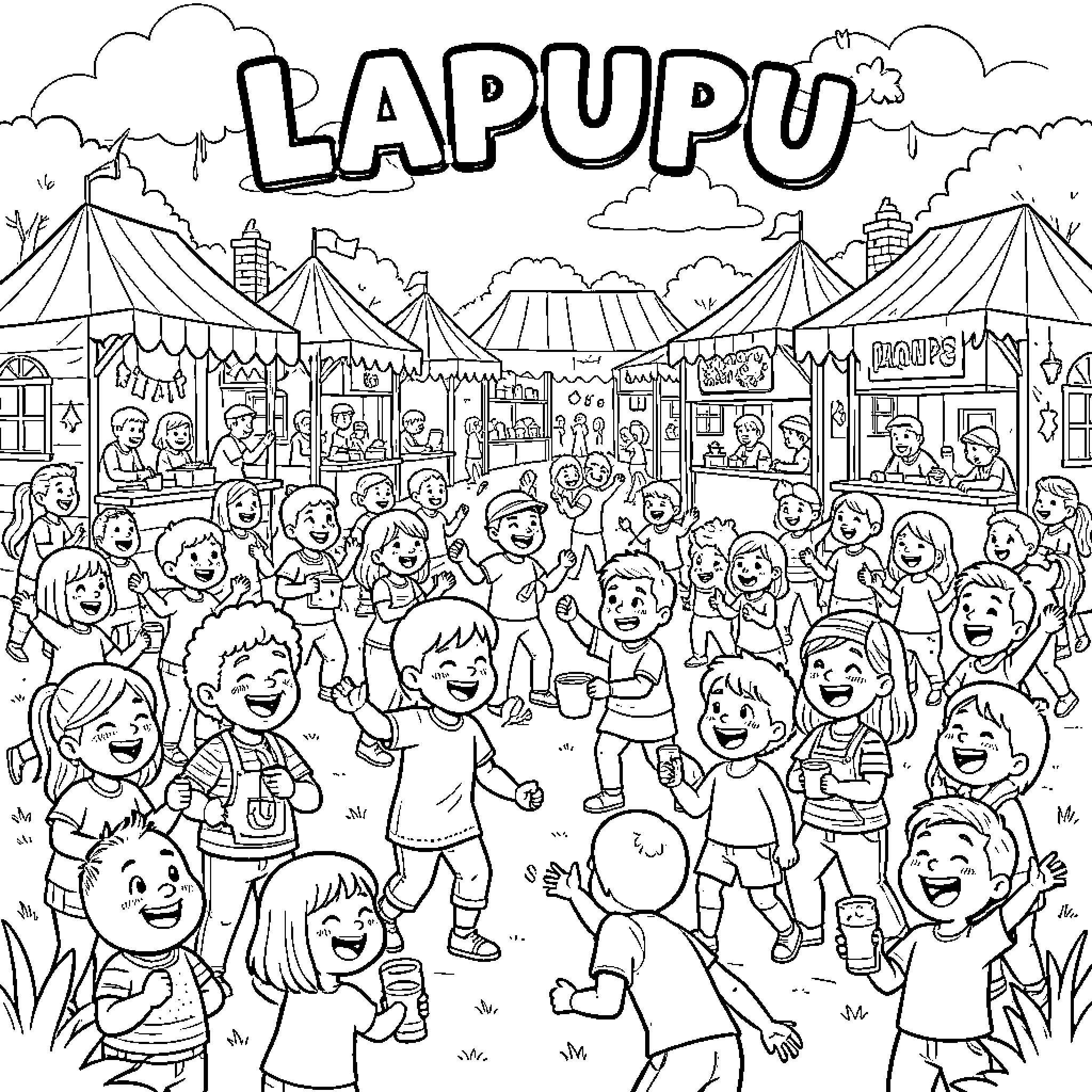 Lapupu celebrating joyfully at a crowded outdoor festival Coloring Page (free black-and-white line drawing printable PDF for all, from beginners to advanced learners, including children, teens, adults, and seniors)