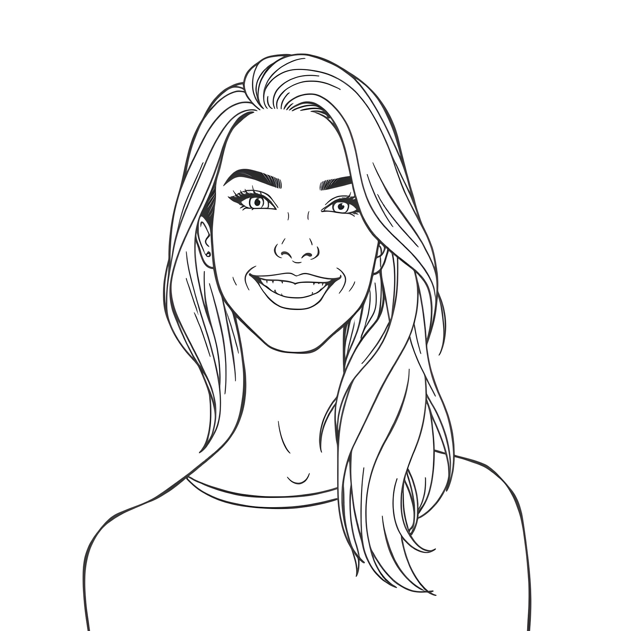 Lesbian woman with long hair and a warm smile Coloring Page (free black-and-white line drawing printable PDF for all, from beginners to advanced learners, including children, teens, adults, and seniors)