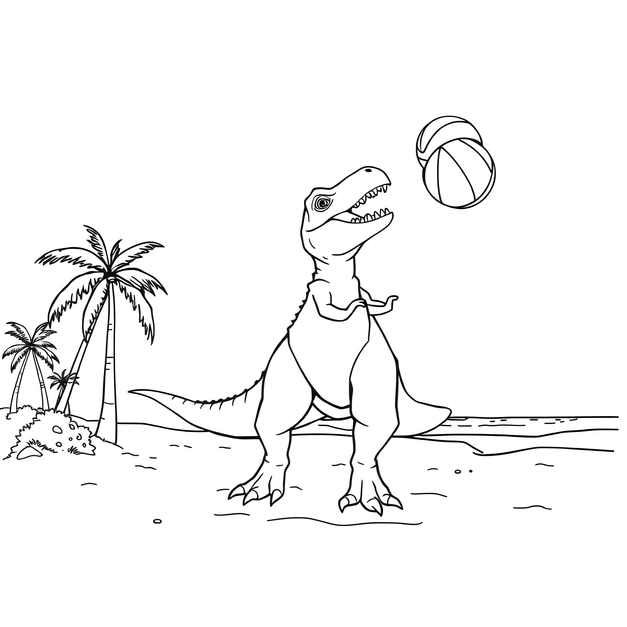 Tyrannosaurus playing with beach ball on tropical island Coloring Page (free black-and-white line drawing printable PDF for all, from beginners to advanced learners, including children, teens, adults, and seniors)