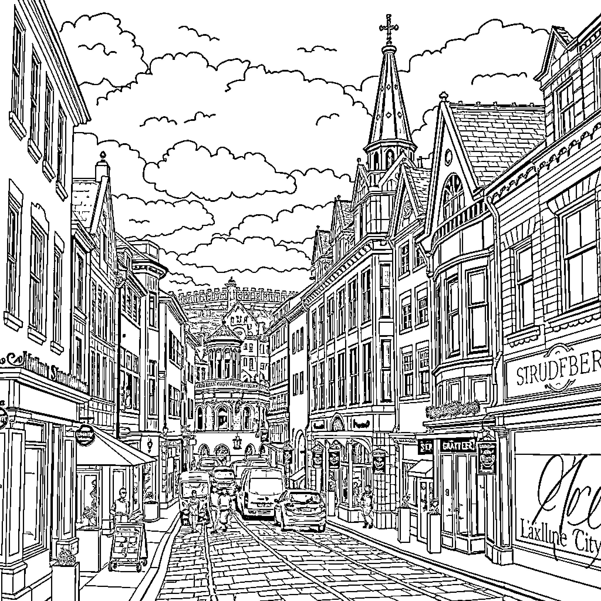 Bradford Street Scene with Architectural Landmarks Coloring Page (free black-and-white line drawing printable PDF for all, from beginners to advanced learners, including children, teens, adults, and seniors)
