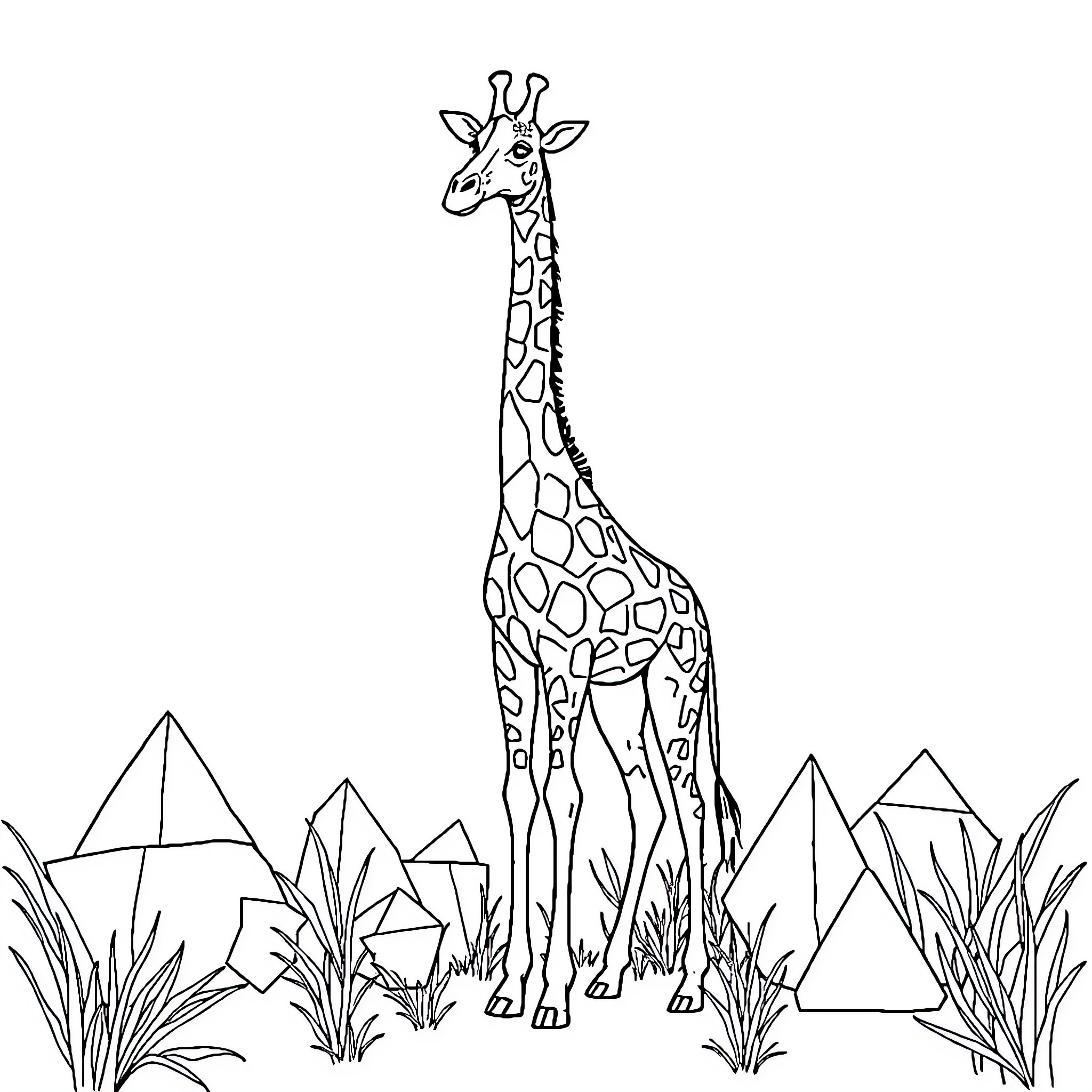 Giraffe standing among geometric mountains Coloring Page (free black-and-white line drawing printable PDF for all, from beginners to advanced learners, including children, teens, adults, and seniors)