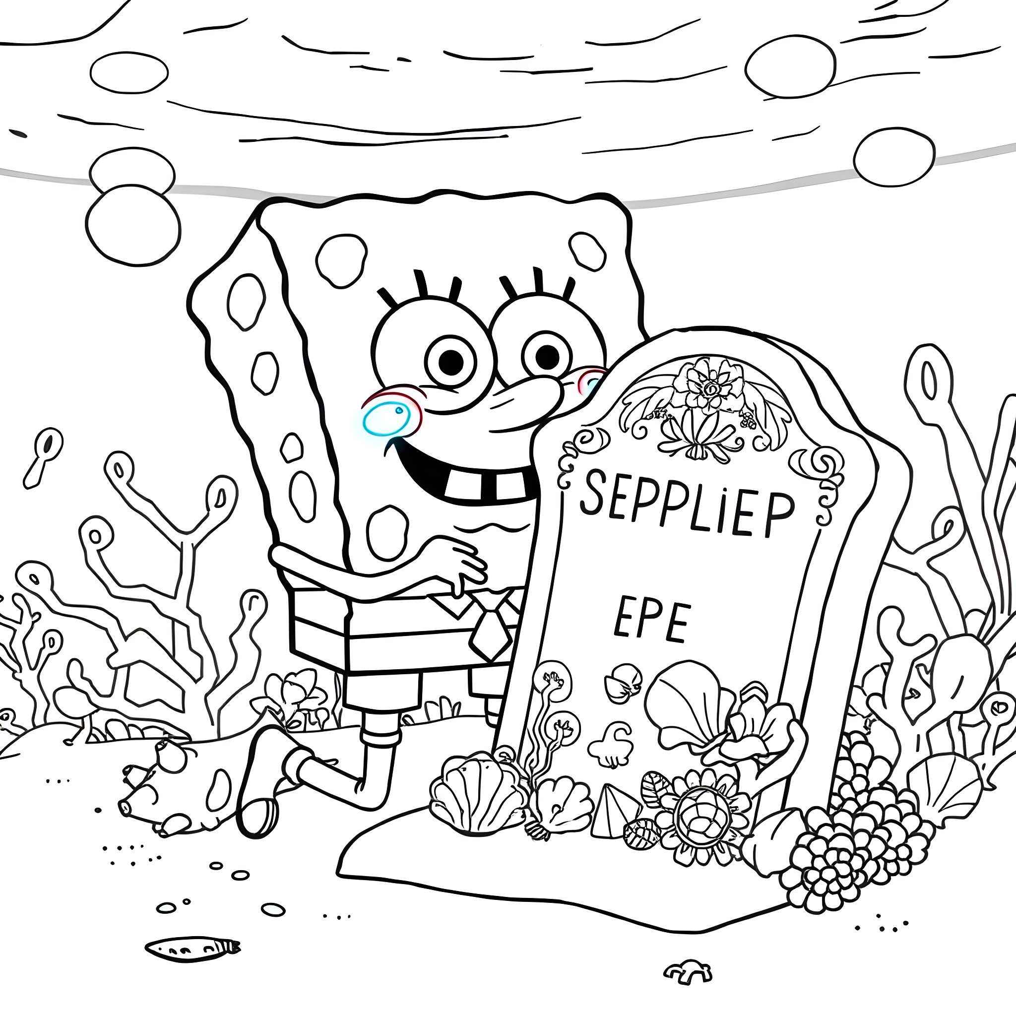 Spongebob finds an unexpected gravestone at the ocean floor Coloring Page (free black-and-white line drawing printable PDF for all, from beginners to advanced learners, including children, teens, adults, and seniors)