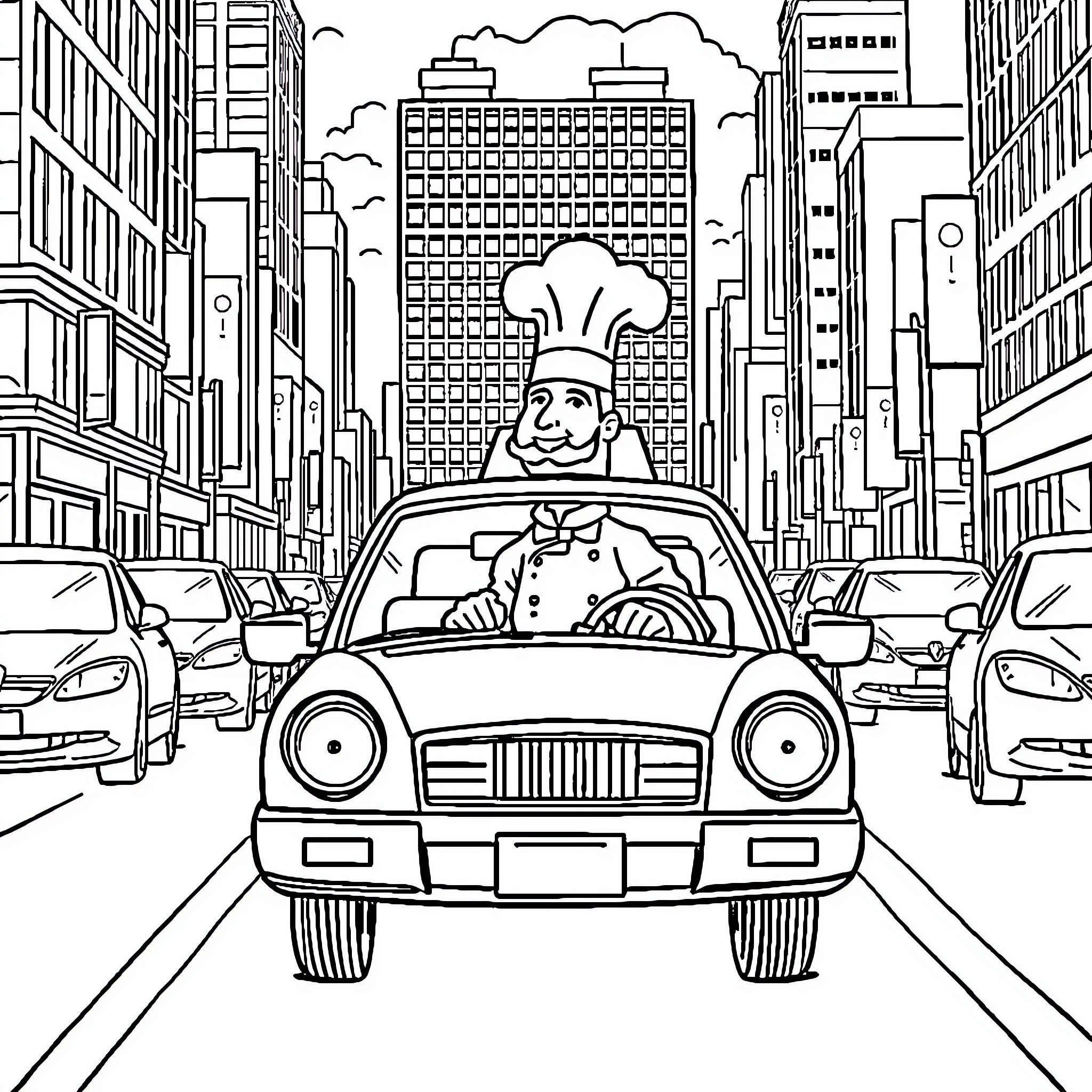 Chef driving happily through the city streets Coloring Page (free black-and-white line drawing printable PDF for all, from beginners to advanced learners, including children, teens, adults, and seniors)