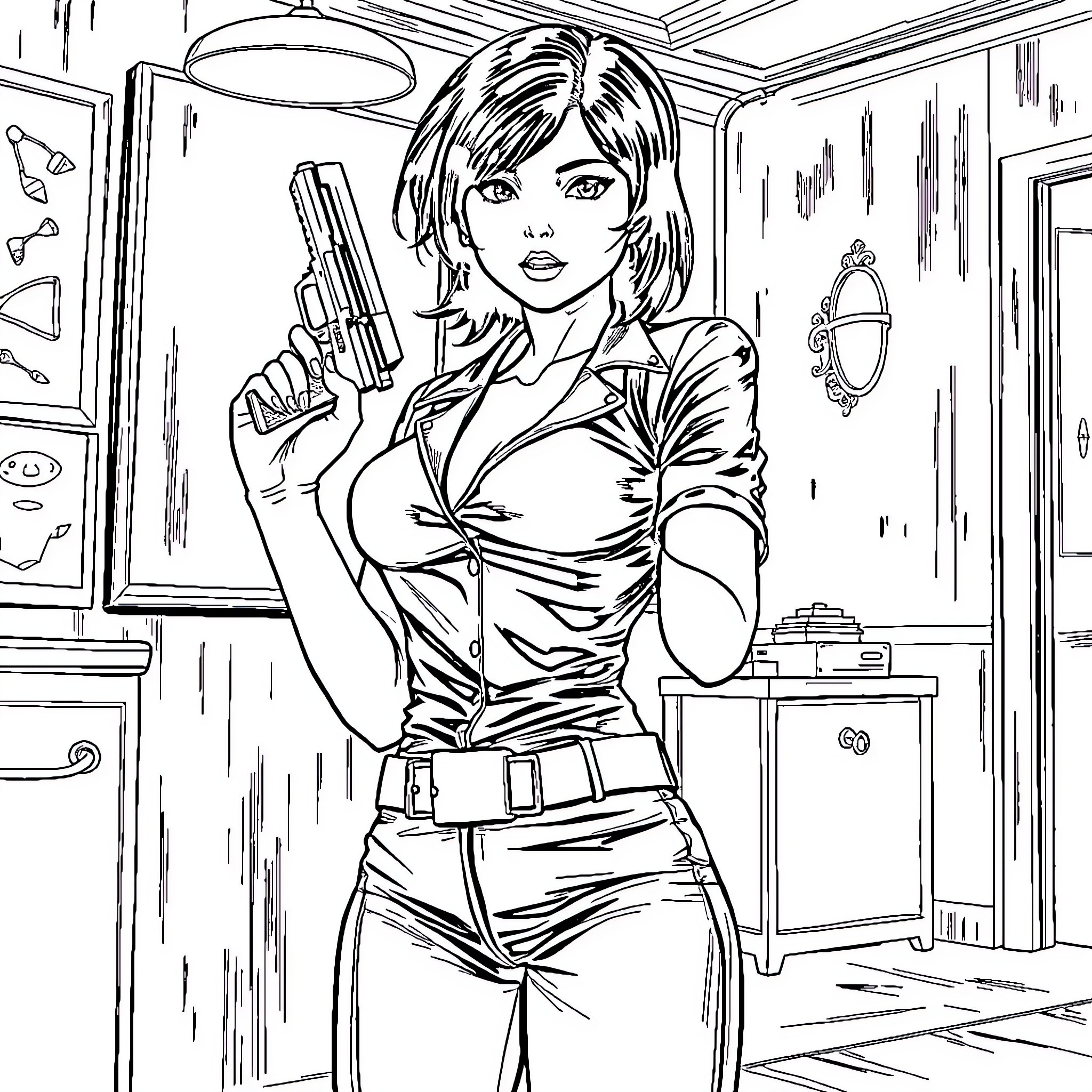 Ada Wong in tactical gear holding a gun Coloring Page (free black-and-white line drawing printable PDF for all, from beginners to advanced learners, including children, teens, adults, and seniors)