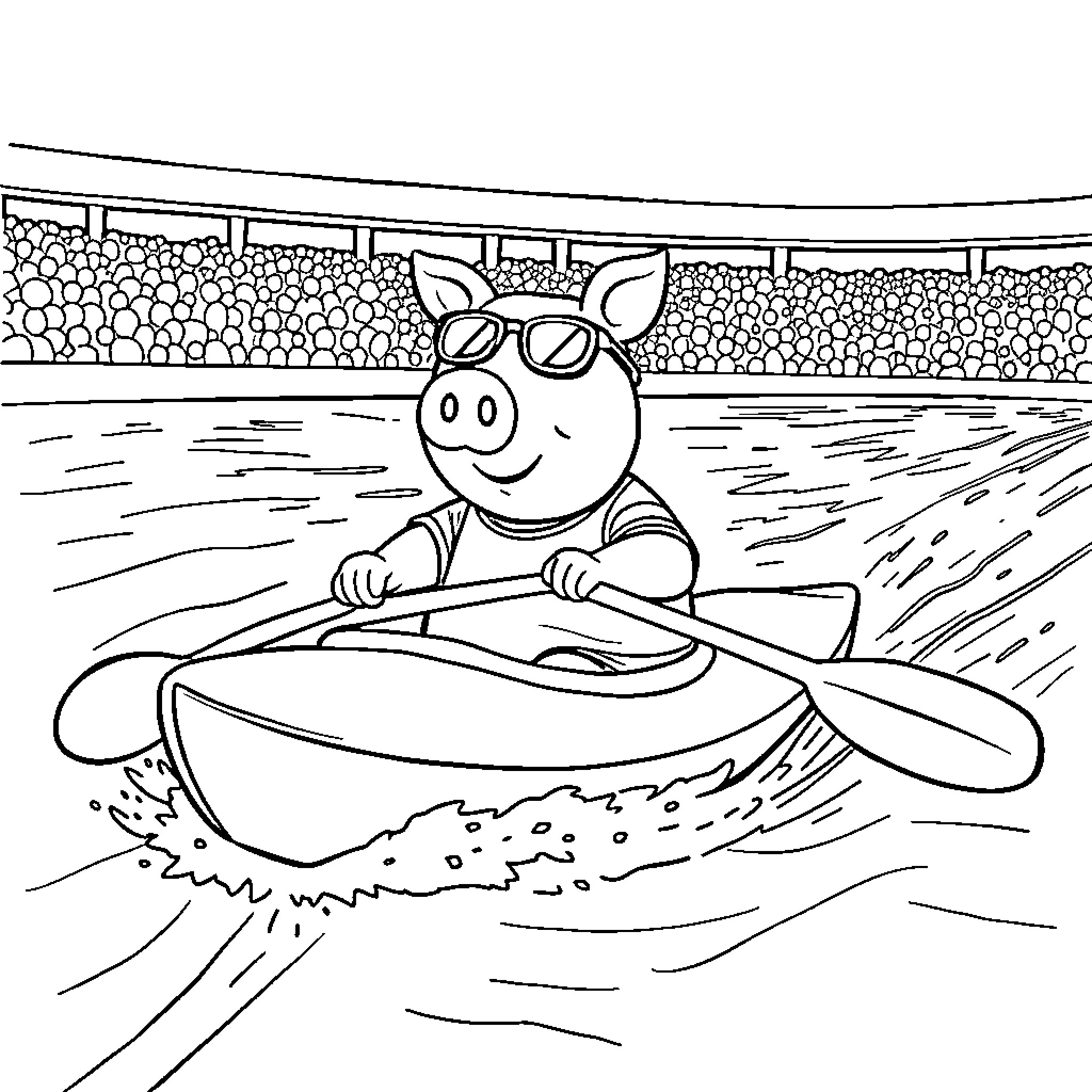 Porky Pig paddling happily in a canoe Coloring Page (free black-and-white line drawing printable PDF for all, from beginners to advanced learners, including children, teens, adults, and seniors)