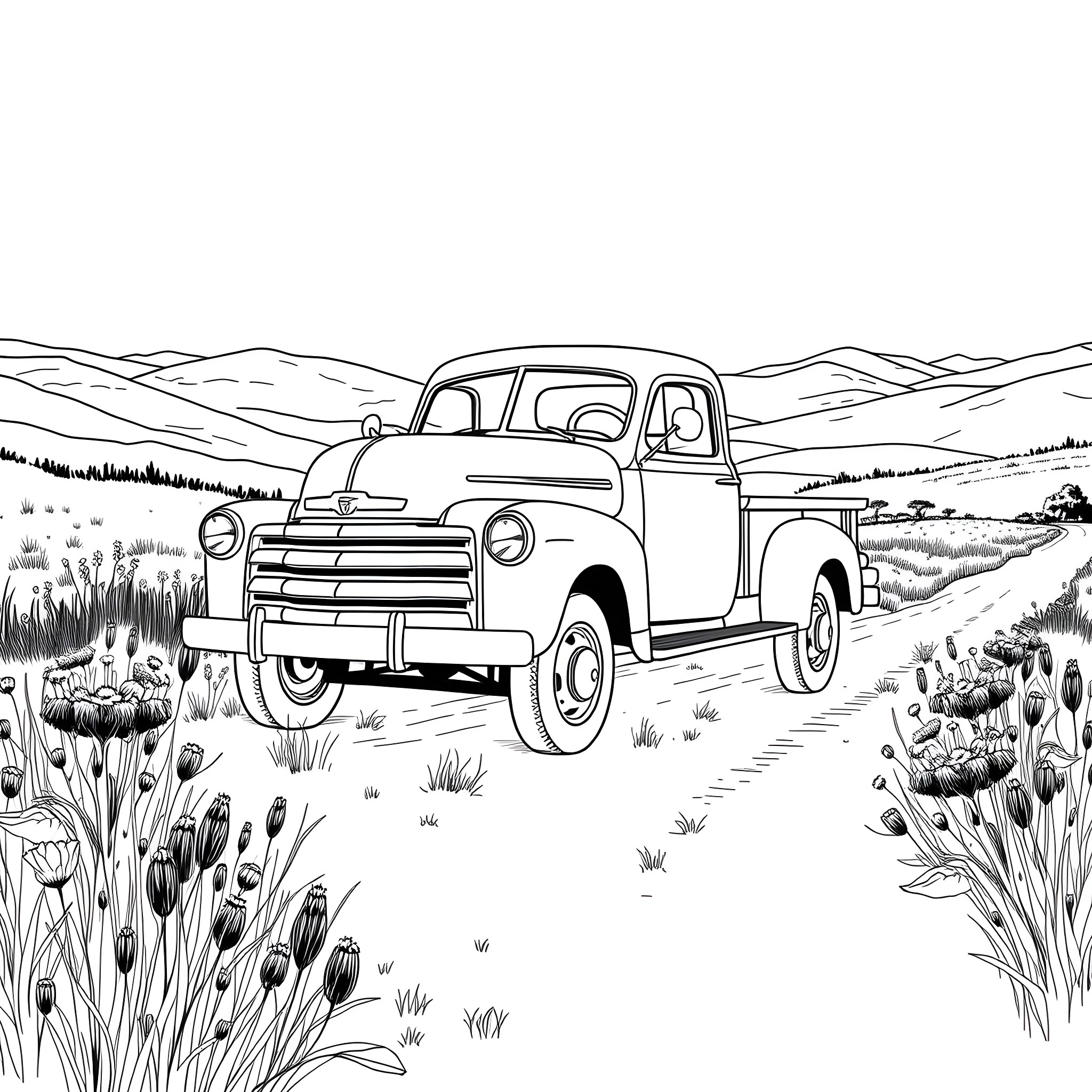 Truck parked on a rural country road Coloring Page (free black-and-white line drawing printable PDF for all, from beginners to advanced learners, including children, teens, adults, and seniors)